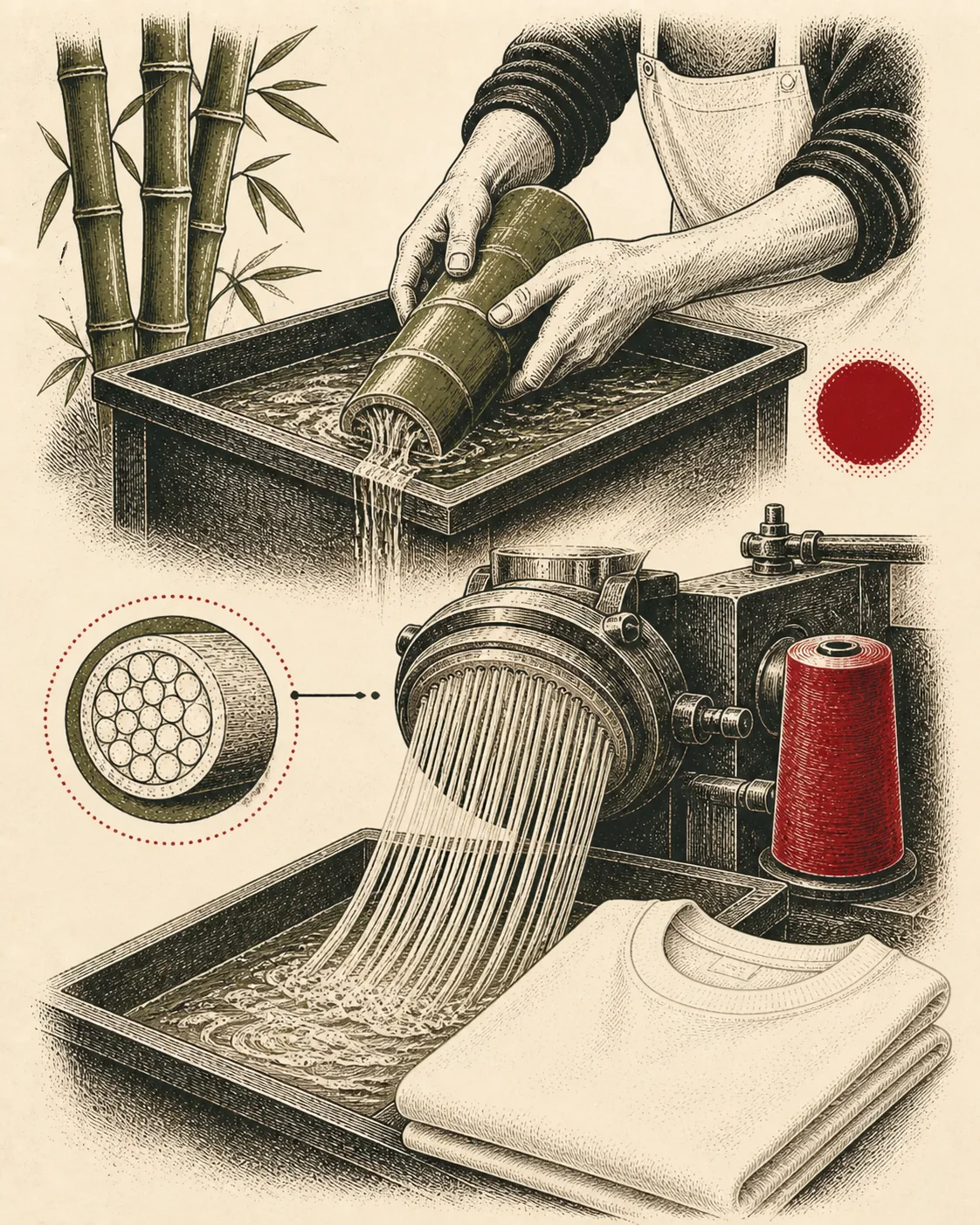 Ink illustration tracing bamboo through a chemical vat and spinneret into rayon fibers and cloth