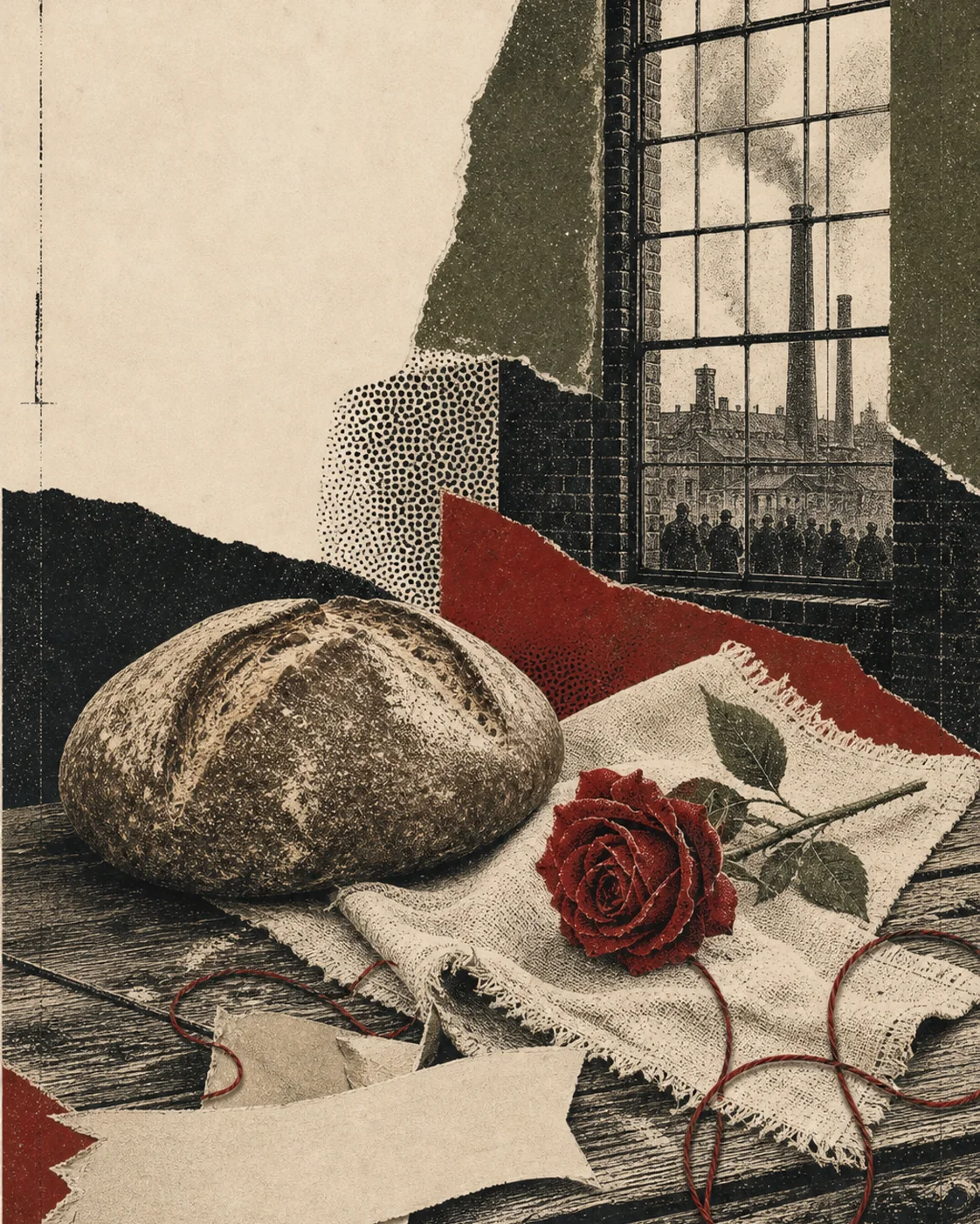 Screenprint collage of a bread loaf and red rose on cloth beside a textile mill window