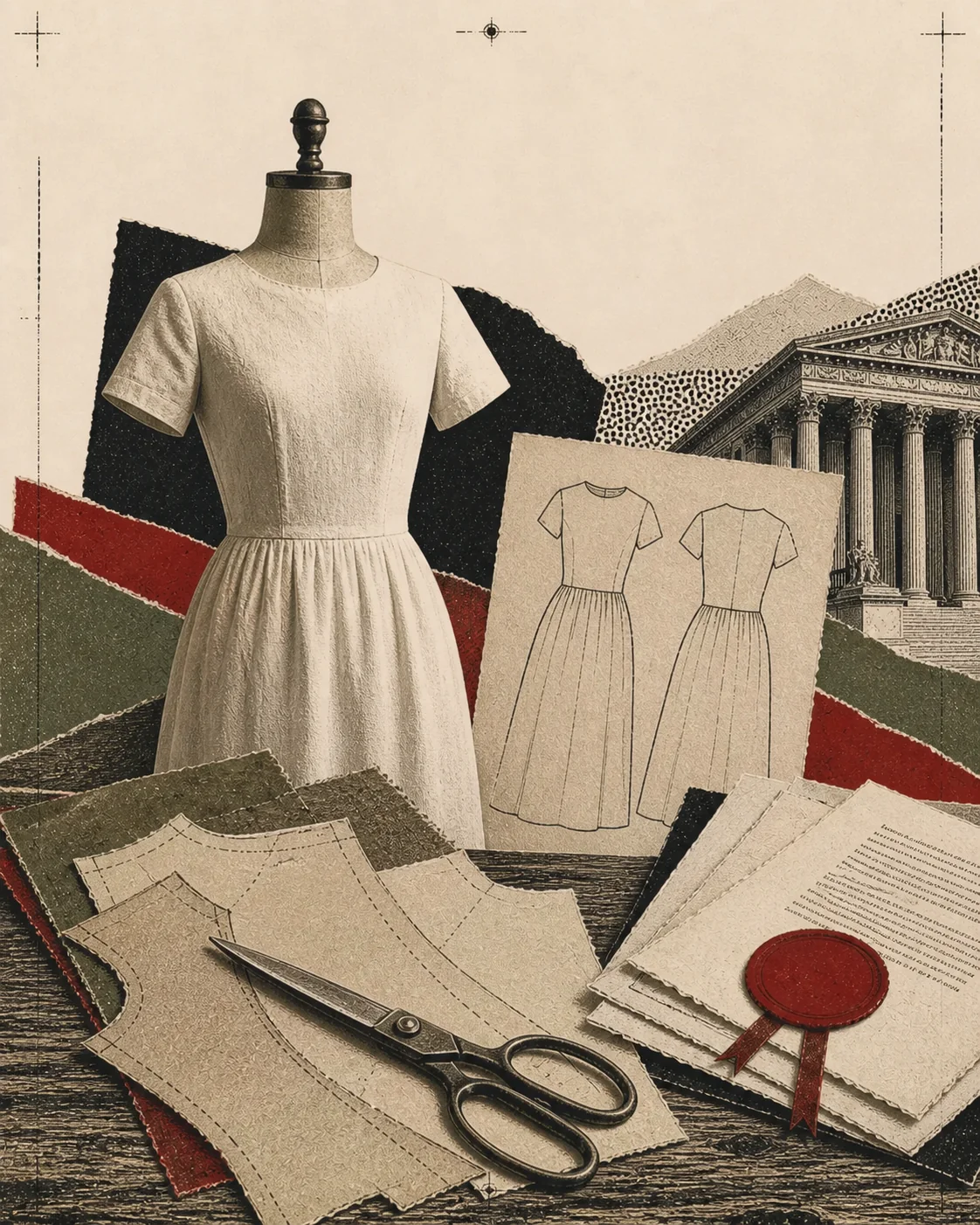 Screenprint collage of a dress form, garment patterns, design sketch, scissors, and court papers