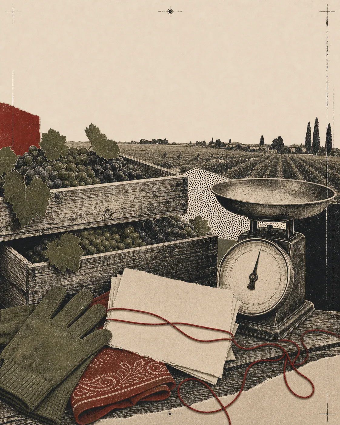 Screenprint collage of grape crates, a produce scale, work gloves, and blank boycott handbills