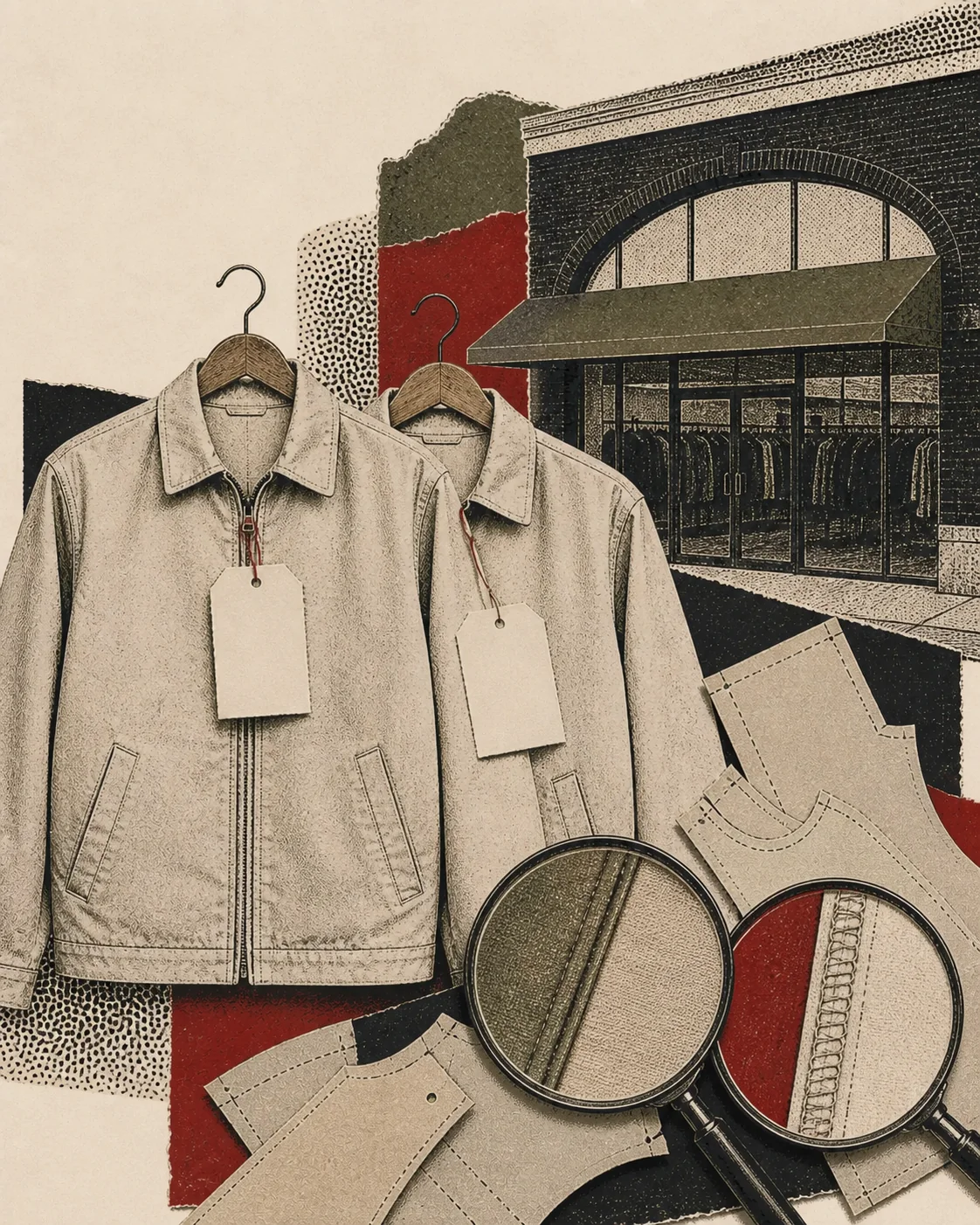 Screenprint collage comparing two jackets, factory patterns, outlet storefront, price tags, and seam details
