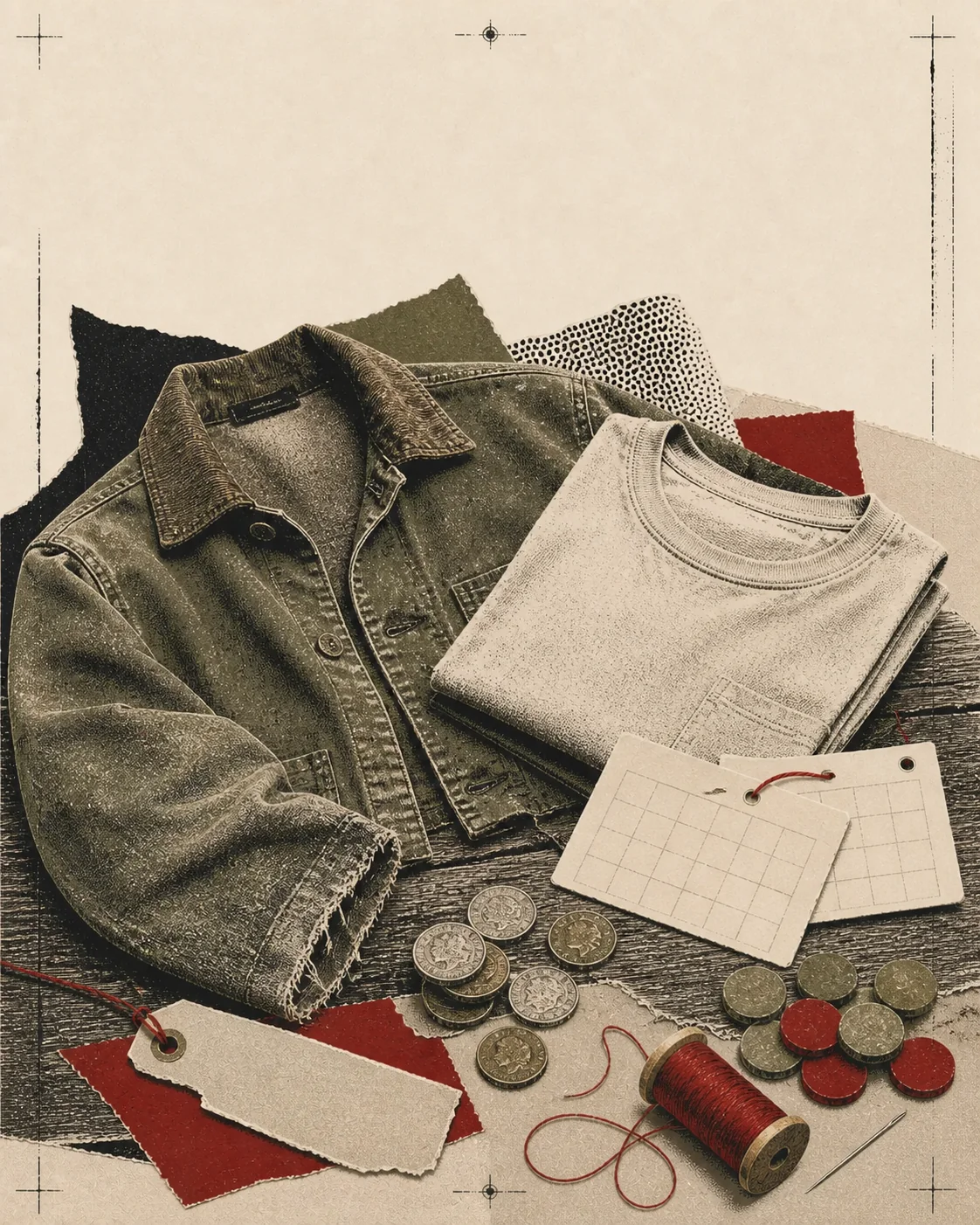 Screenprint collage of worn garments with coins, calendar cards, repair thread, and a blank price tag