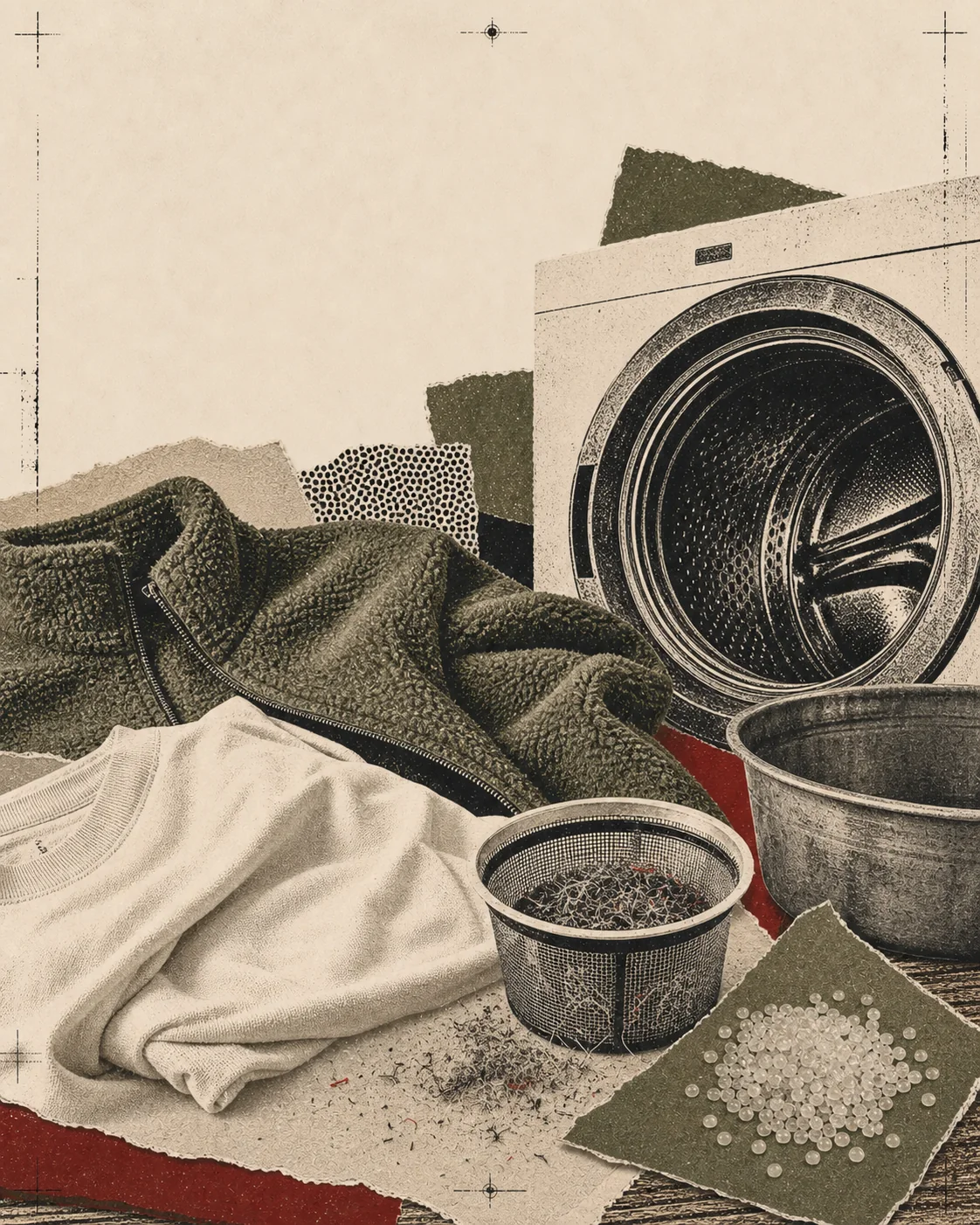 Screenprint collage of synthetic clothes, a washer drum, loose fibers, polymer pellets, and filter mesh