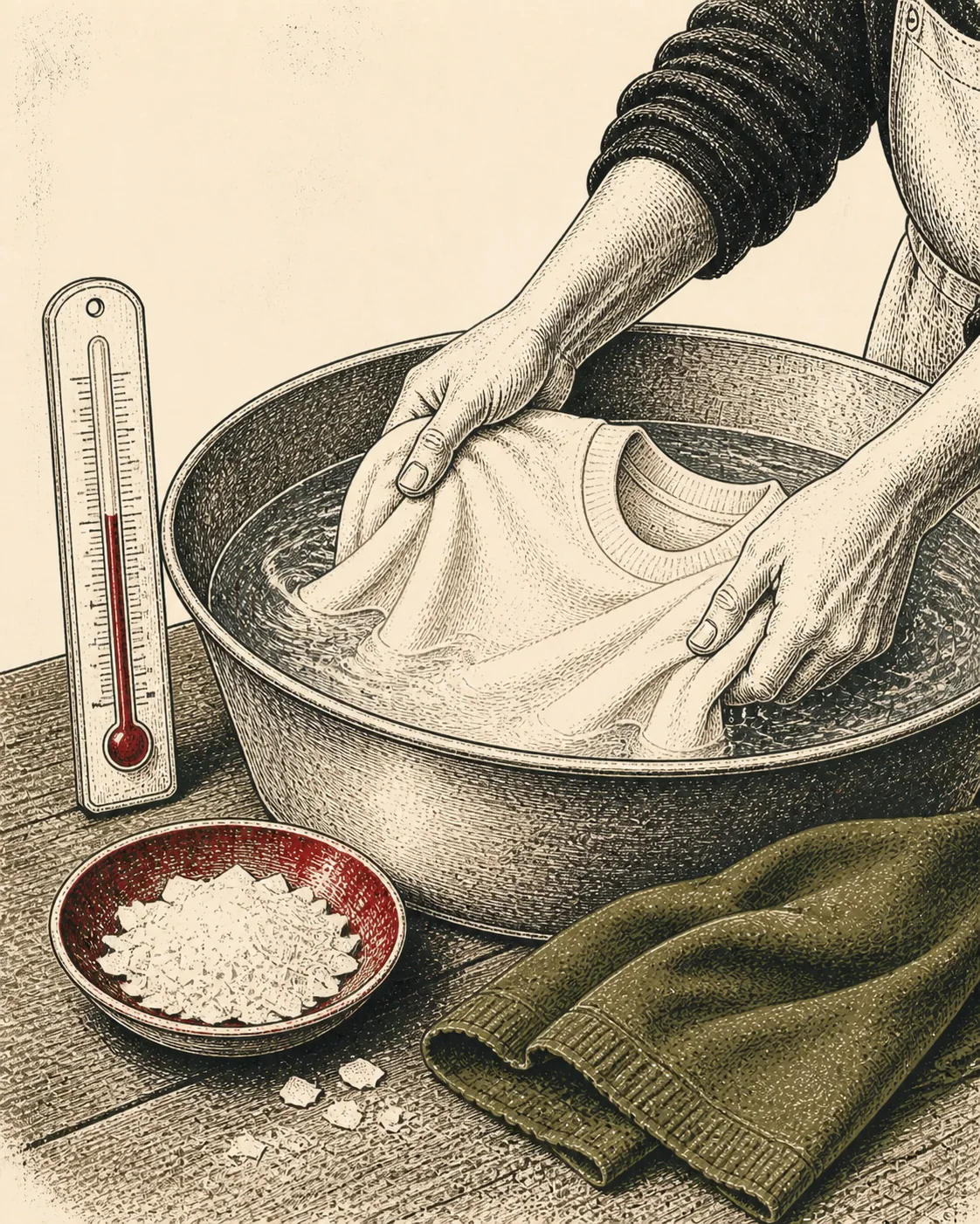 Ink illustration of hands washing a cream shirt in cool water beside a thermometer and soap flakes