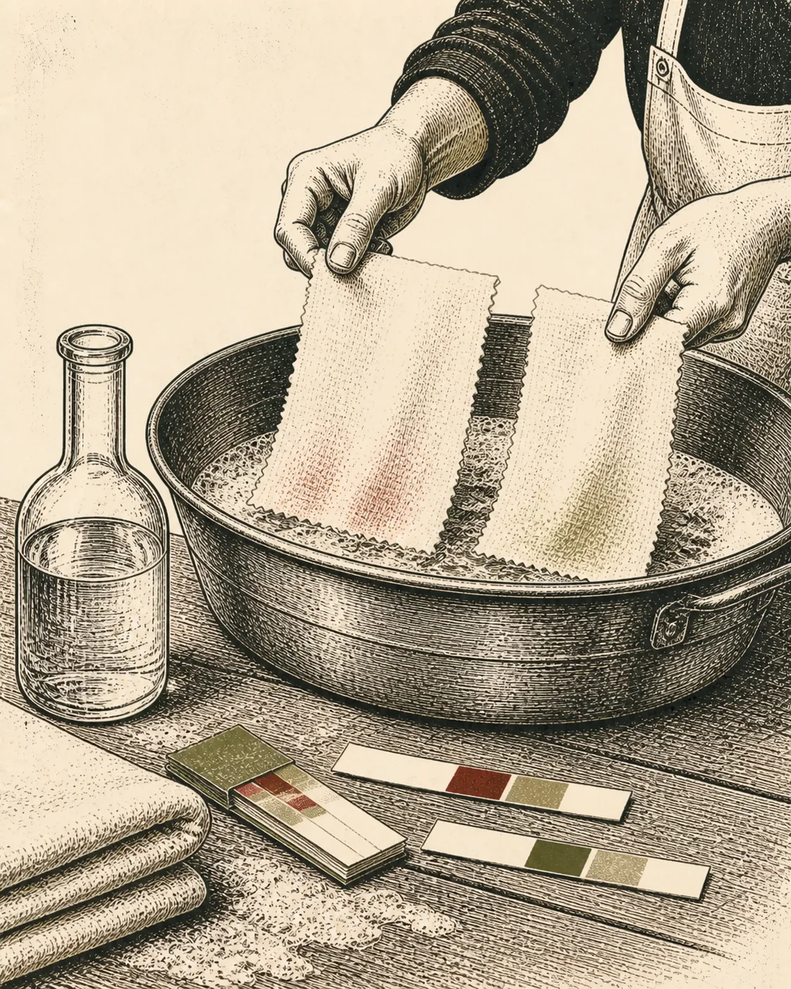 Ink illustration of hands testing fabric beside a wash basin, vinegar bottle, and residue swatches