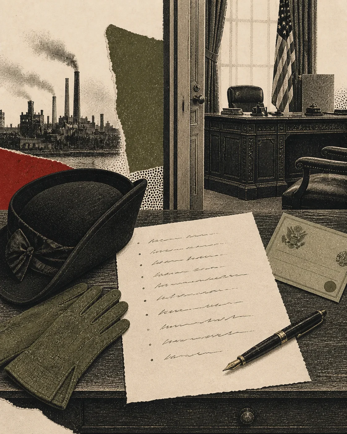 Screenprint collage of a 1933 office desk, hat, gloves, nine-line list, pen, factory, and social-insurance card