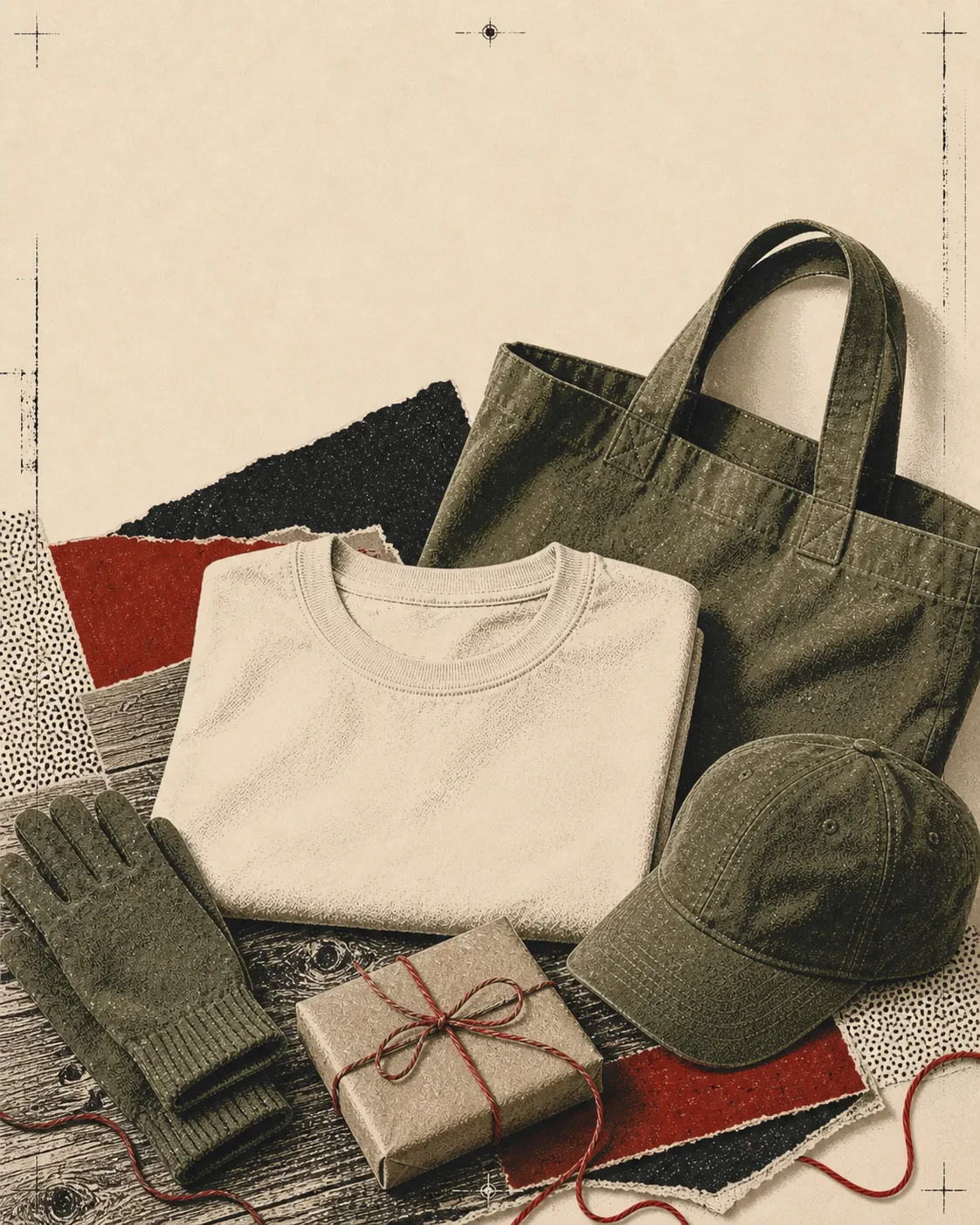 Screenprint collage of a folded t-shirt, cap, tote, gloves, and wrapped parcel