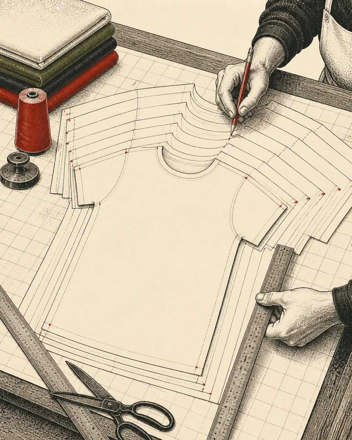 Ink illustration of hands marking nested t-shirt patterns graded across several sizes