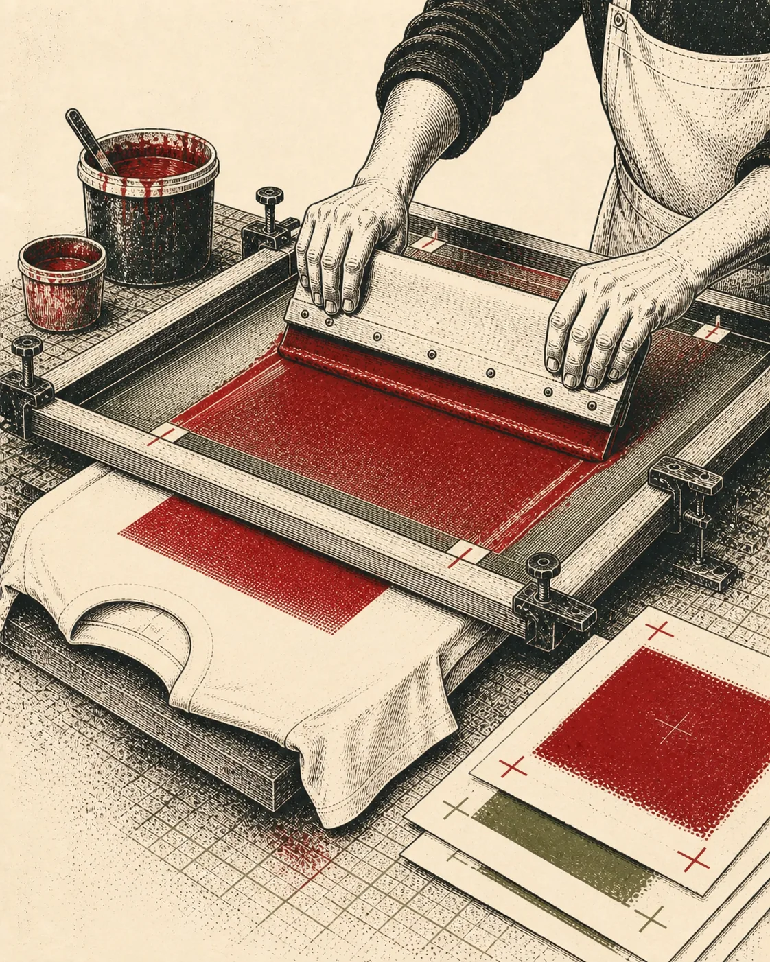 Ink illustration of hands pulling red ink through a screen over a cream t-shirt