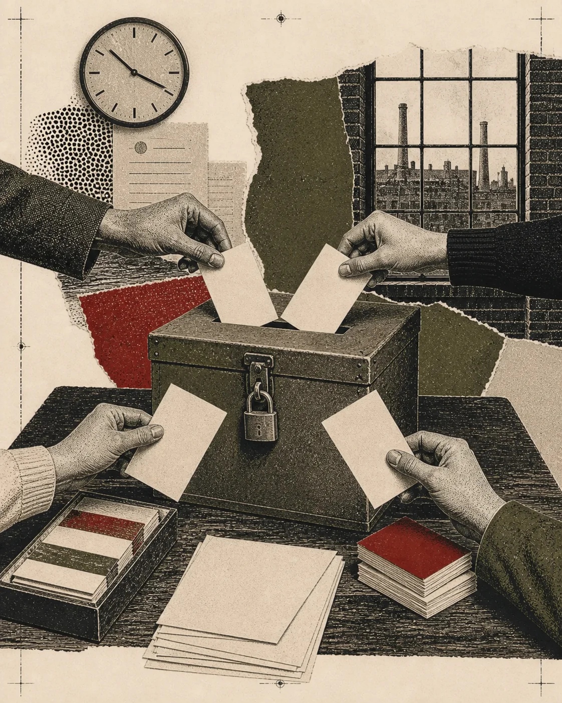 Screenprint collage of a ballot box, blank ballots, workers' hands, organizing cards, and a clock