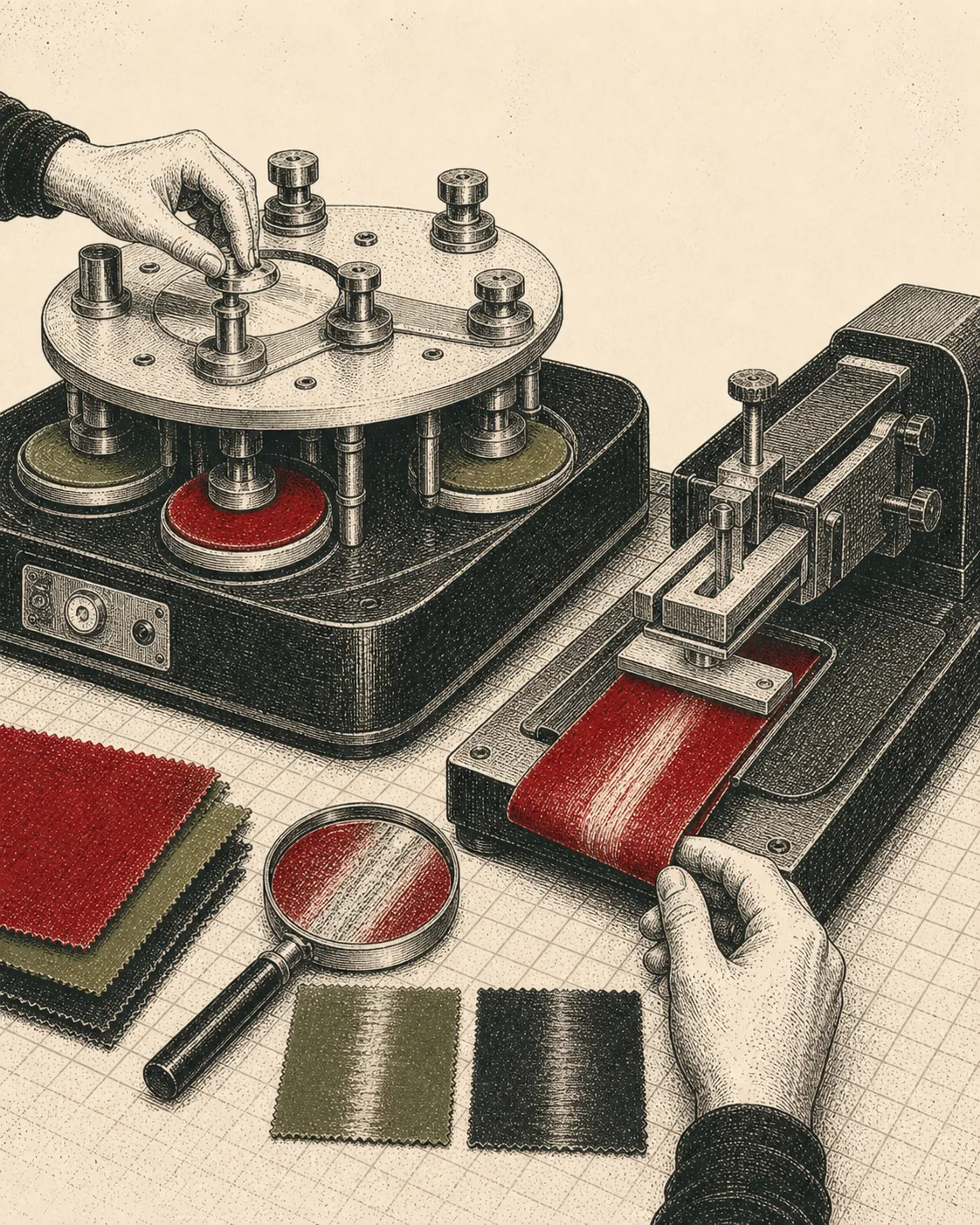 Ink illustration of hands comparing circular and reciprocating fabric abrasion tests and worn swatches