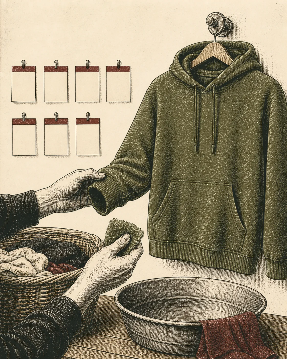 Ink illustration of hands checking an olive hoodie beside blank day cards and a wash basin