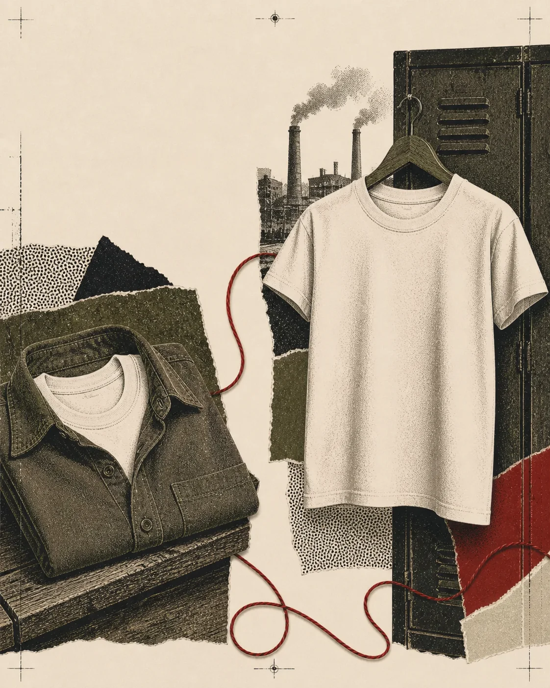 Screenprint collage of a white undershirt becoming a standalone crewneck beside a work locker