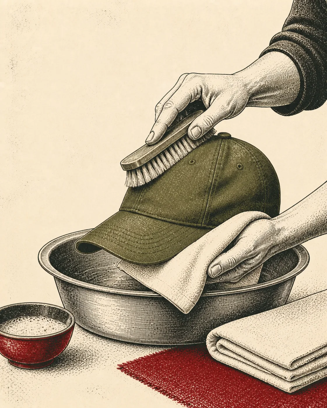 Ink illustration of hands brushing an olive baseball cap over a wash basin