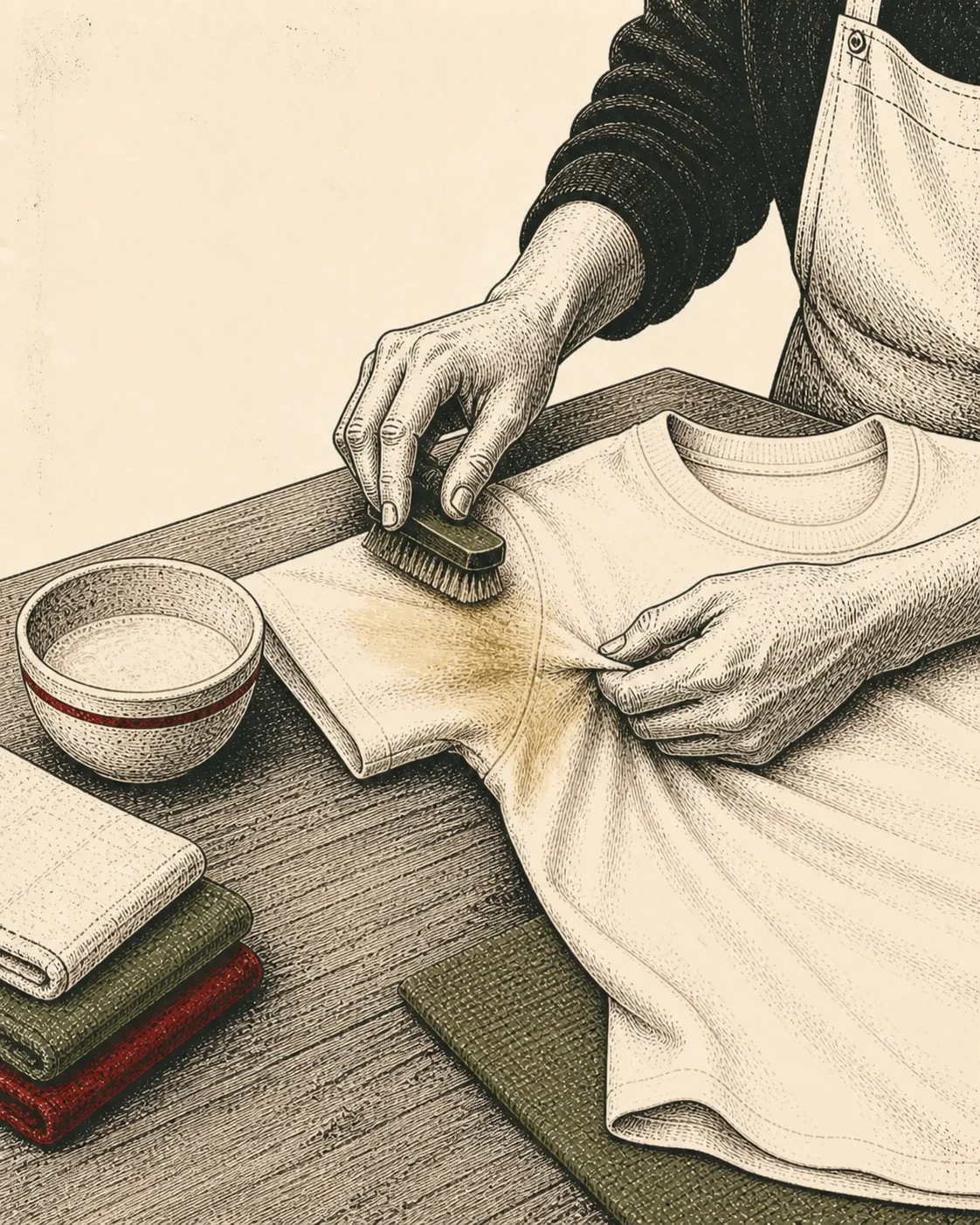 Ink illustration of hands brushing a yellowed underarm area on a cream t-shirt