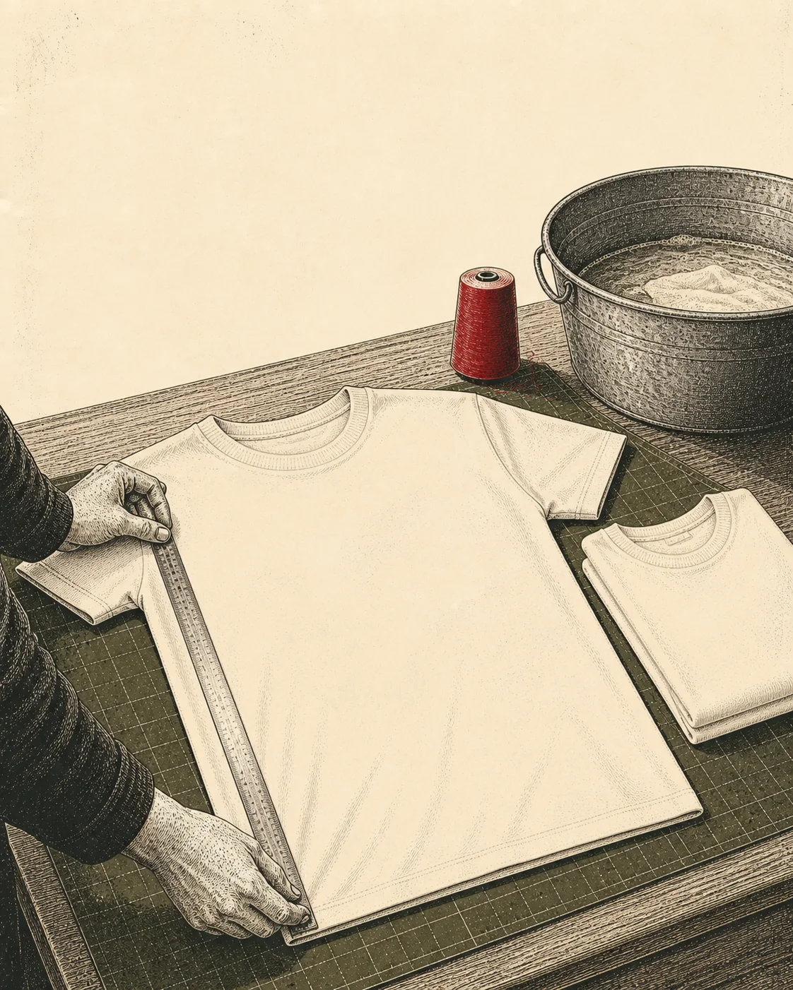 Ink illustration of hands measuring a flat cream tee beside a folded comparison shirt and wash basin