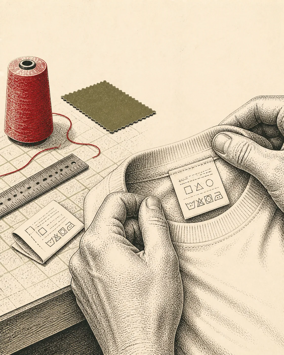 Ink illustration of hands lifting a cream tee collar to inspect its woven label beside thread and cloth