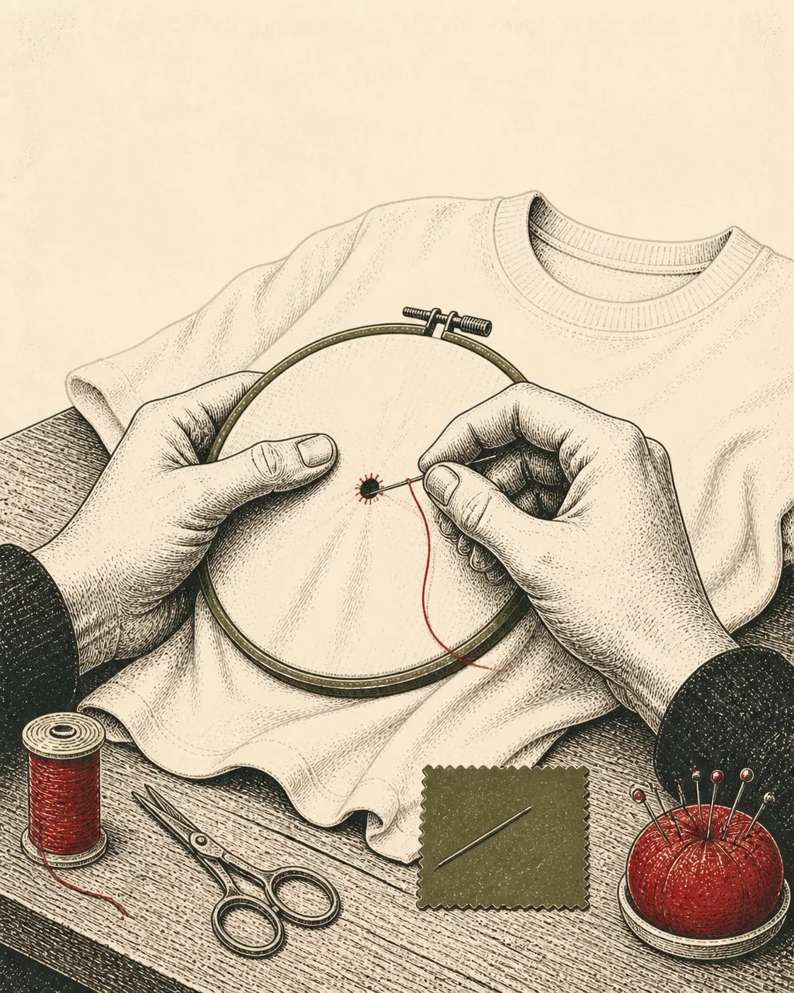 Ink illustration of hands stitching a small hole in a cream t-shirt over a backing patch