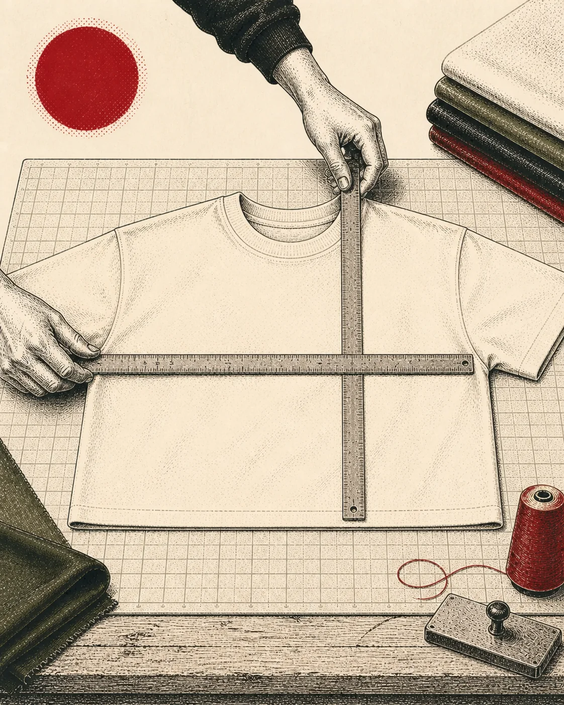 Ink illustration of hands measuring the width and length of a boxy cream t-shirt