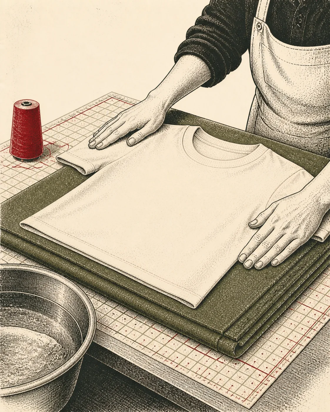 Ink illustration of hands reshaping a damp cream t-shirt on a towel and measuring grid