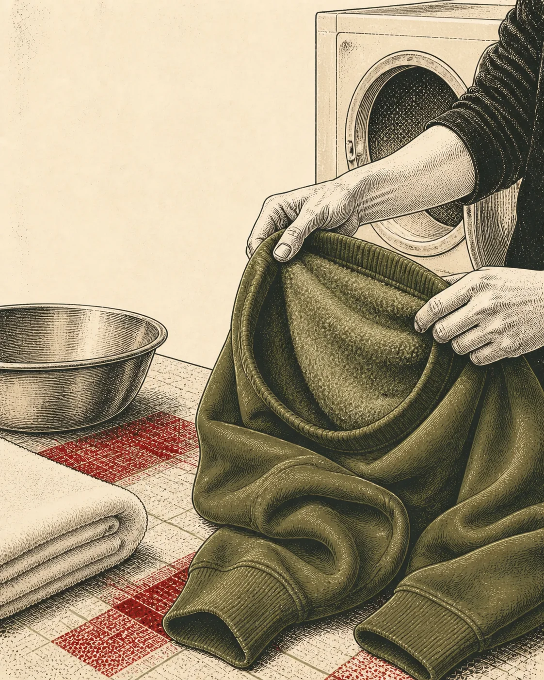 Ink illustration of hands turning an olive hoodie inside out to show its brushed fleece beside a wash basin