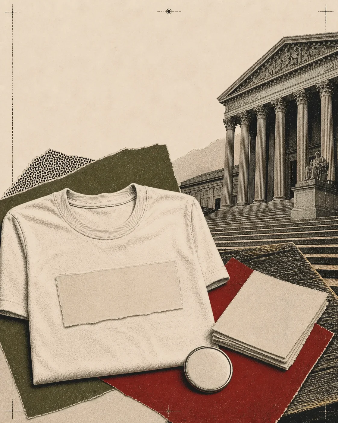 Screenprint collage of a blank graphic t-shirt beside courthouse steps and legal papers