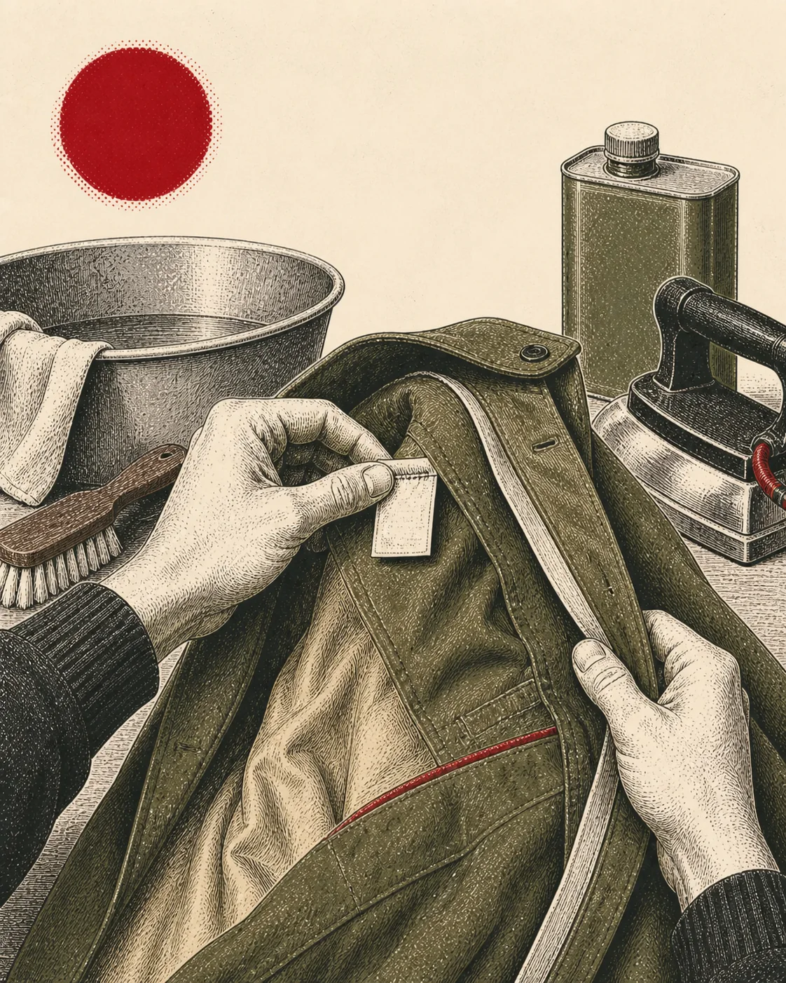 Ink illustration of hands examining a jacket care label beside a basin, brush, iron, and solvent tin