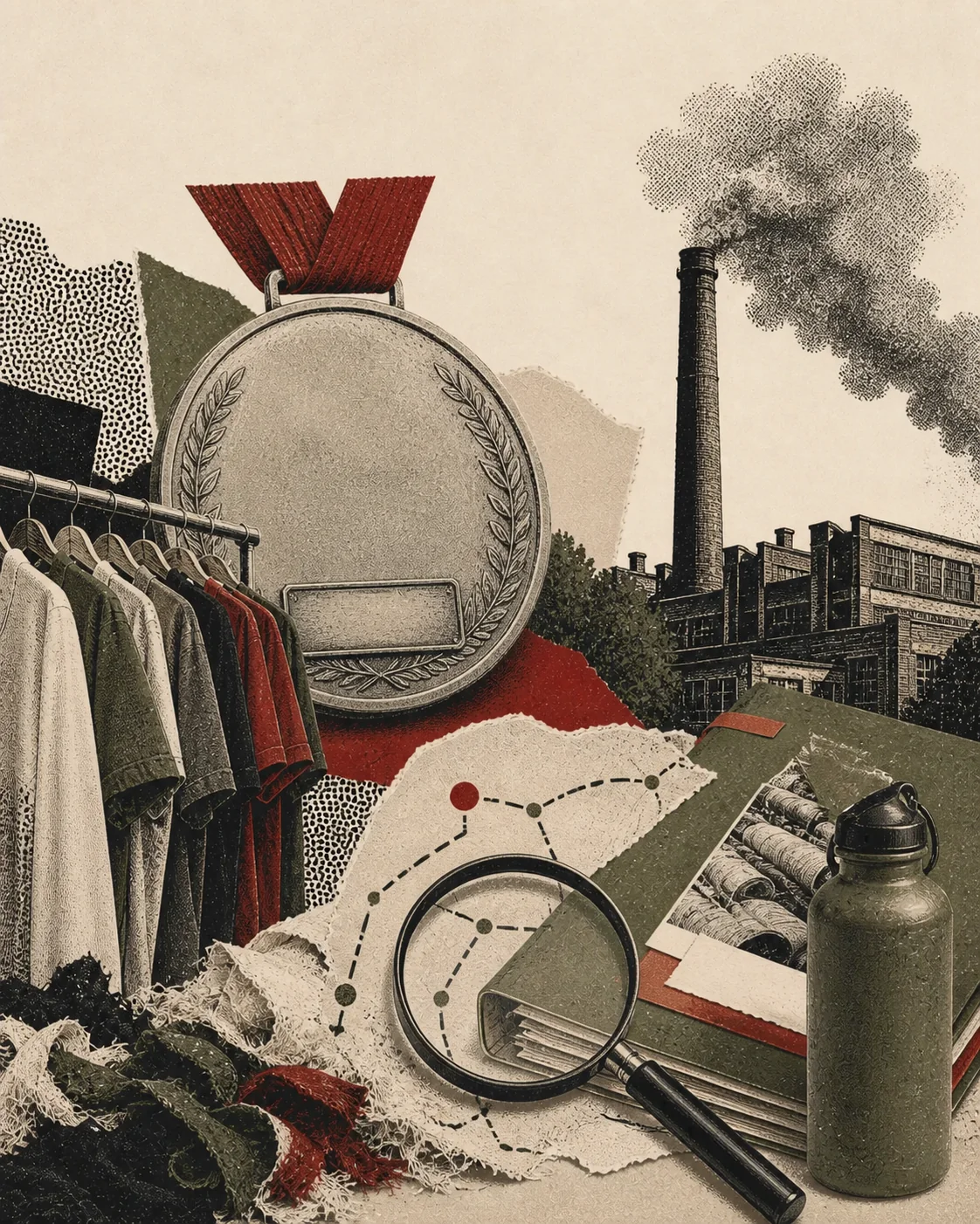 Screenprint collage of garments, factory emissions, water, textile waste, magnifier, broken citation trail, and evidence folder
