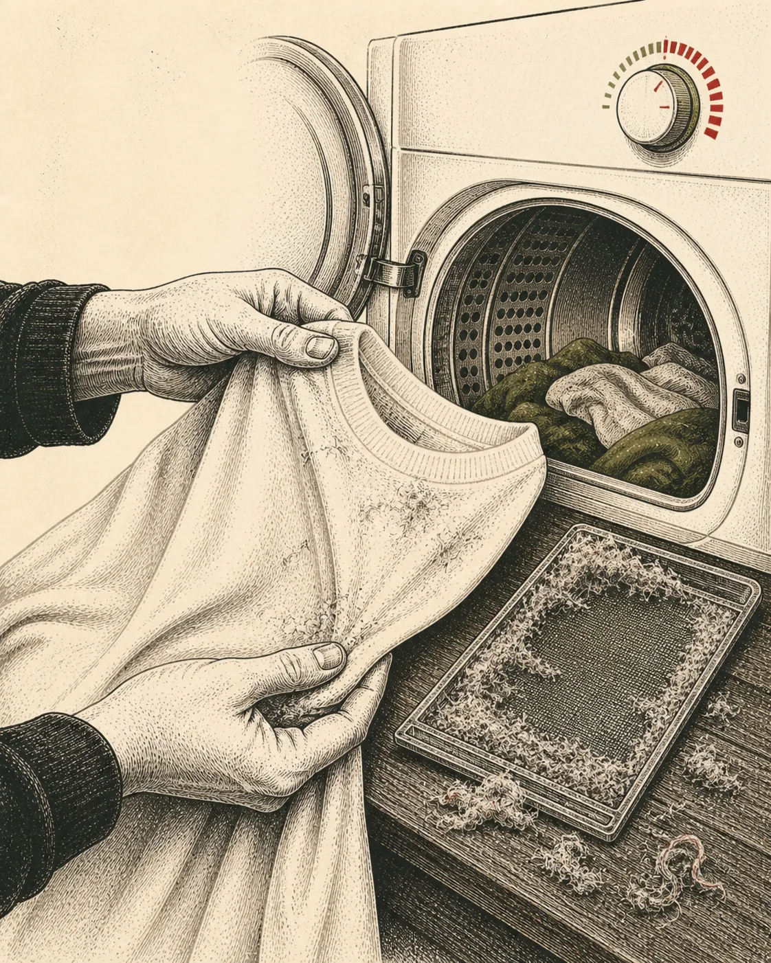 Ink illustration of hands inspecting a shirt and lint screen beside an open dryer