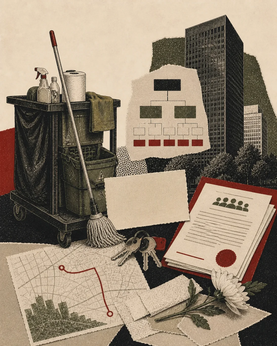 Screenprint collage of janitorial tools, subcontract, office tower ownership diagram, union contract, and route map