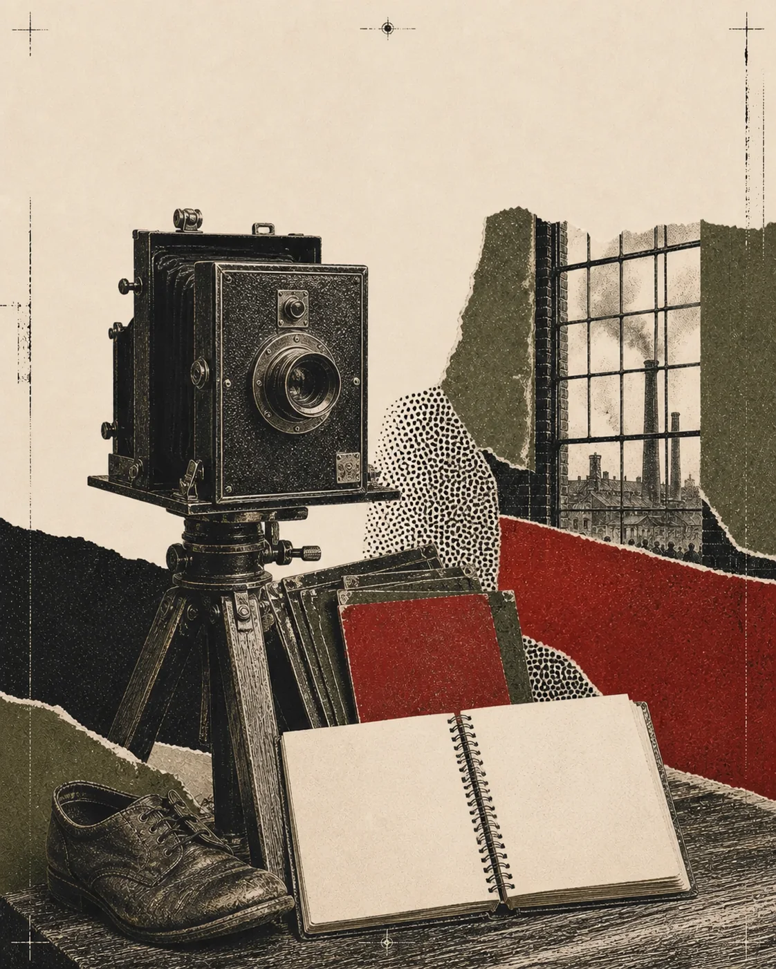 Screenprint collage of an early camera, glass plates, notebook, work shoe, and textile-mill window