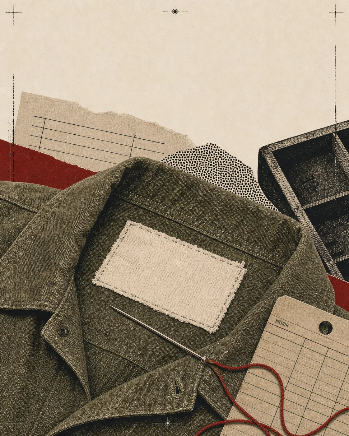 Screenprint collage of a blank sewn label on a work shirt beside thread and factory paper