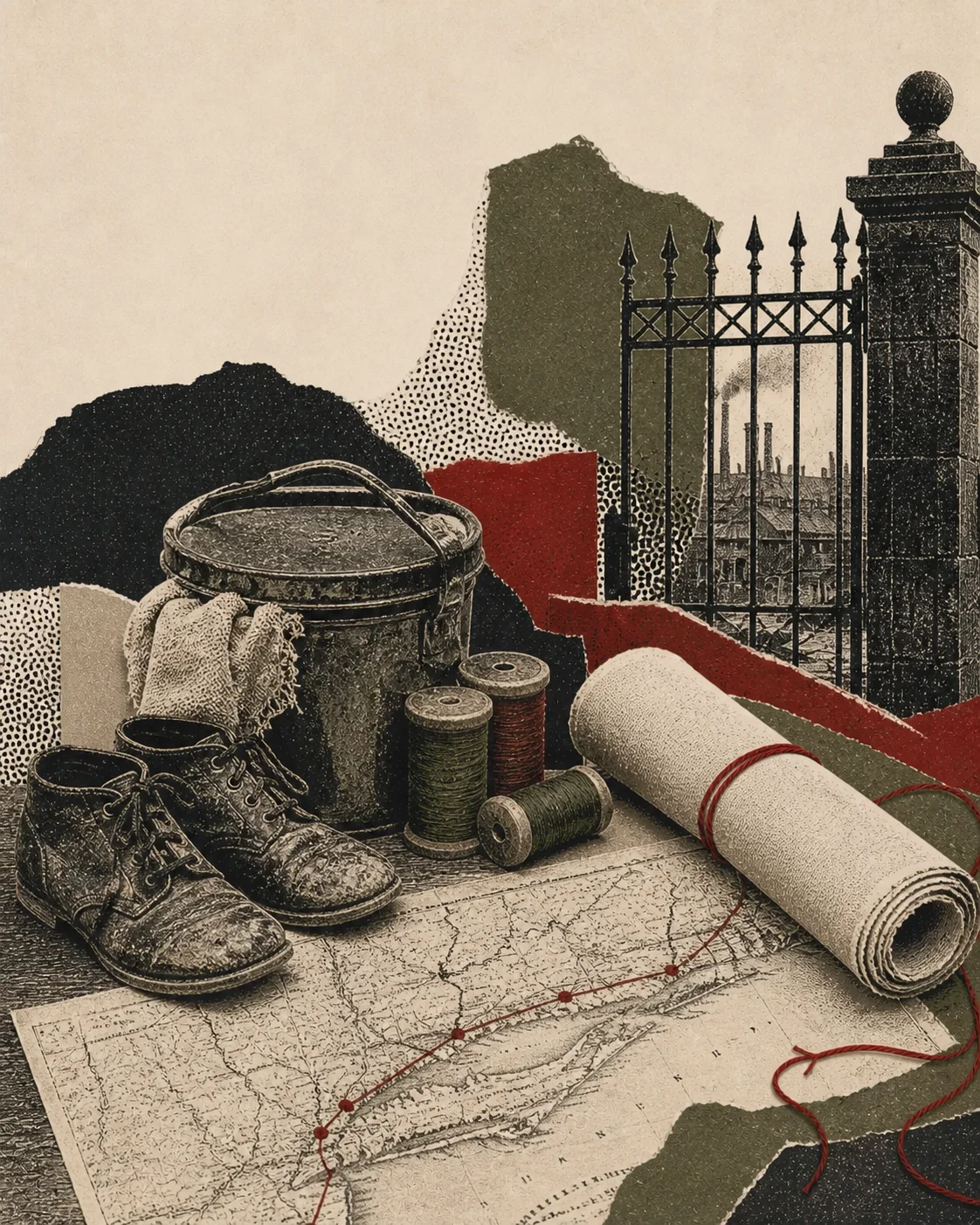 Screenprint collage of a 1903 march route, worn work shoes, mill bobbins, petition, and closed gate