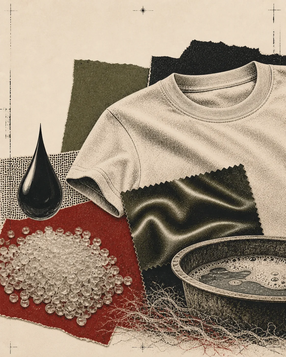 Screenprint collage of synthetic fabric, polymer pellets, loose fibers, and a wash basin
