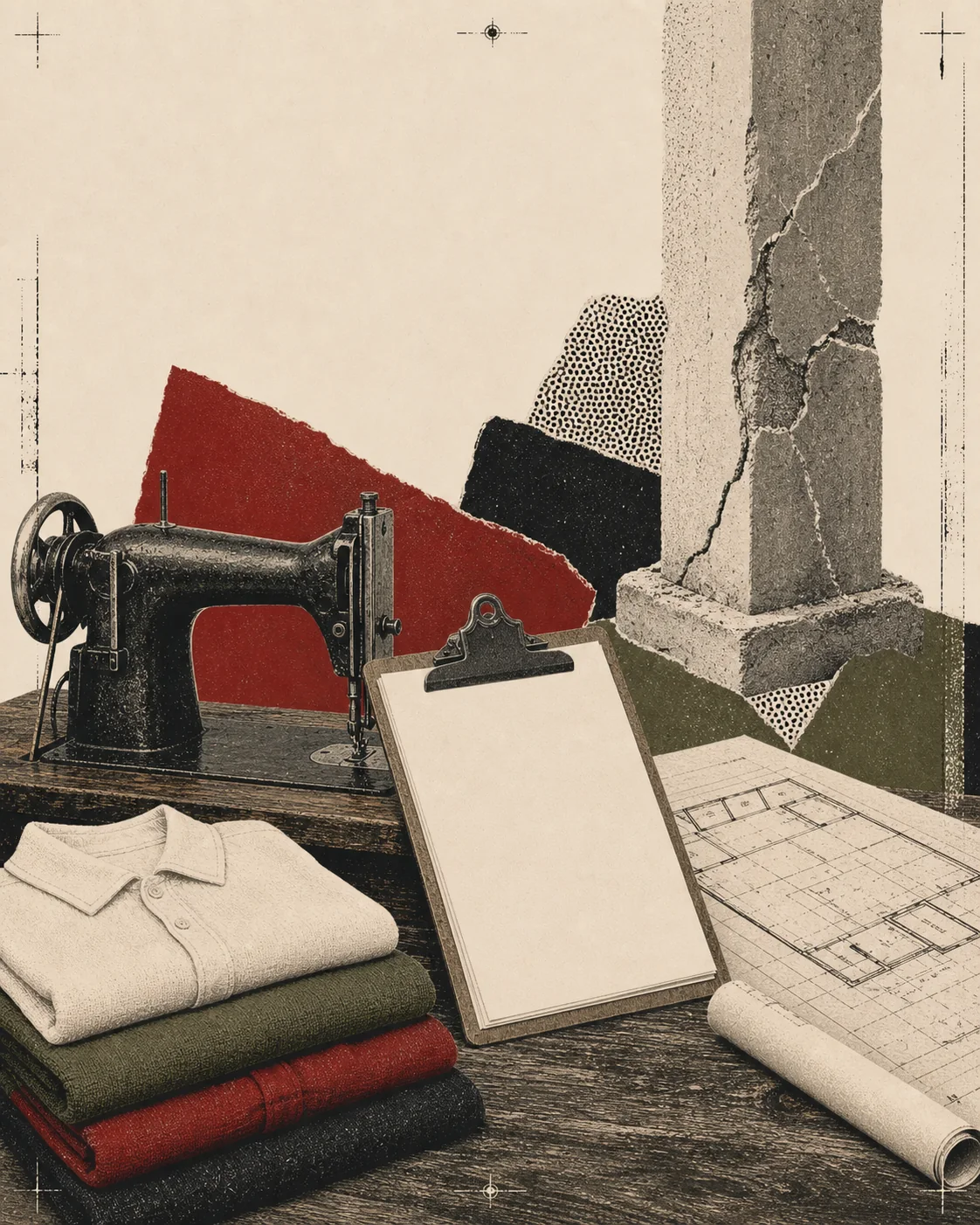 Screenprint collage of an idle sewing machine, cracked column, factory plan, clipboard, and folded clothes