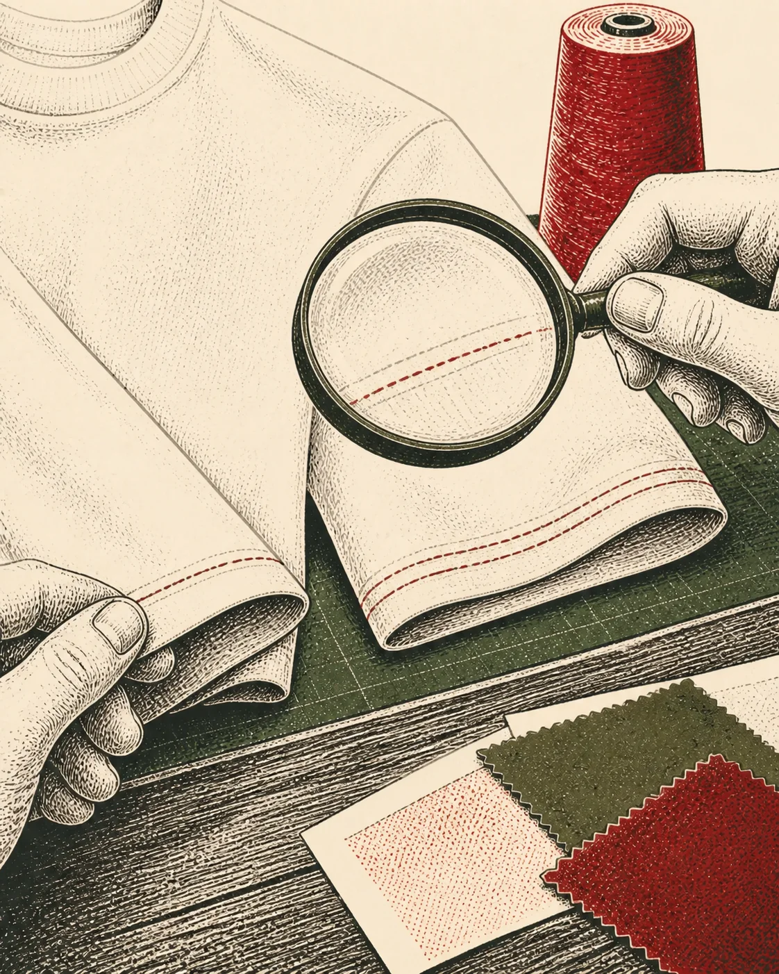 Ink illustration comparing a single-stitch t-shirt hem with a double-stitched fabric sample