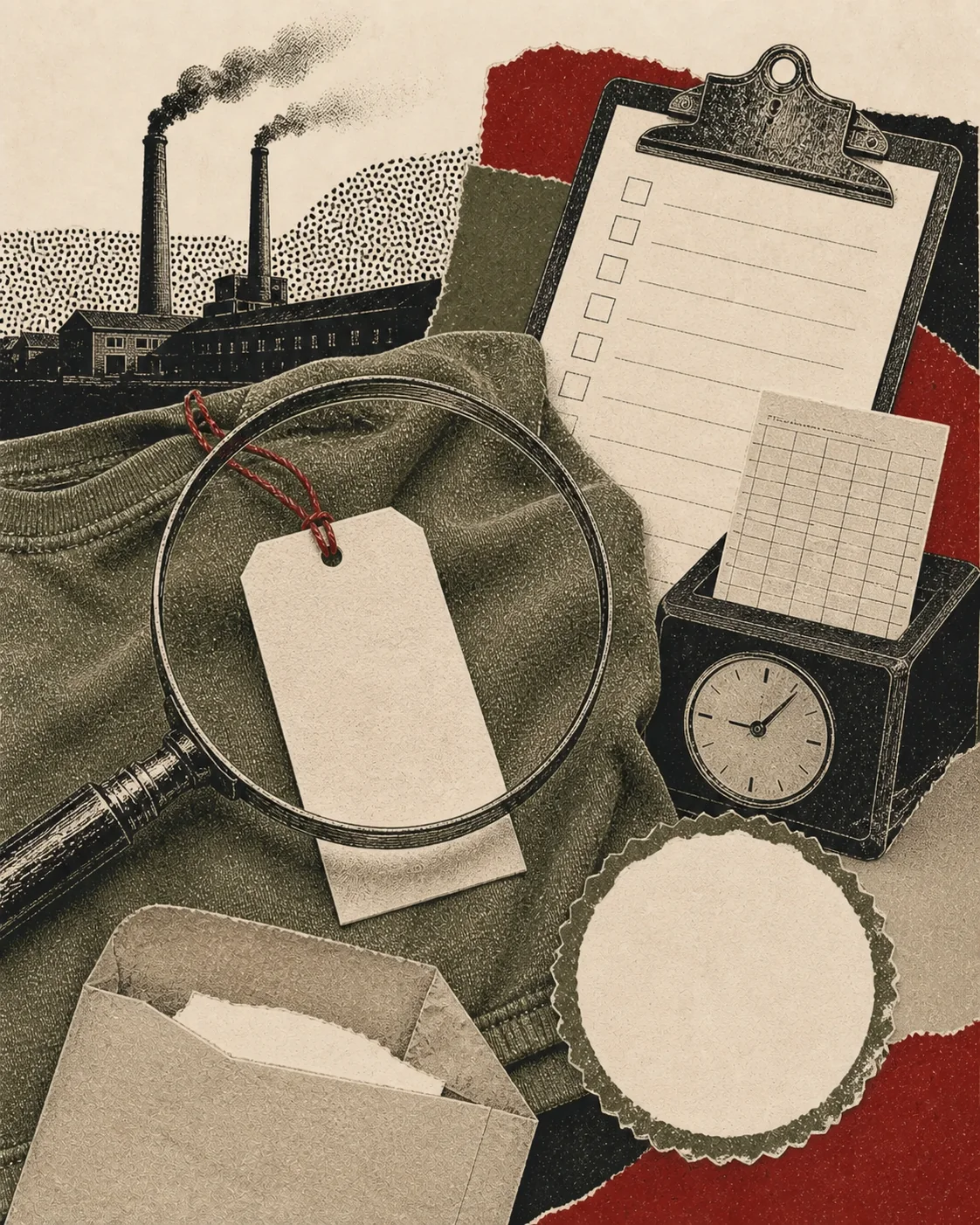 Screenprint collage of a garment tag, empty certification seal, factory checklist, timecard, and pay envelope