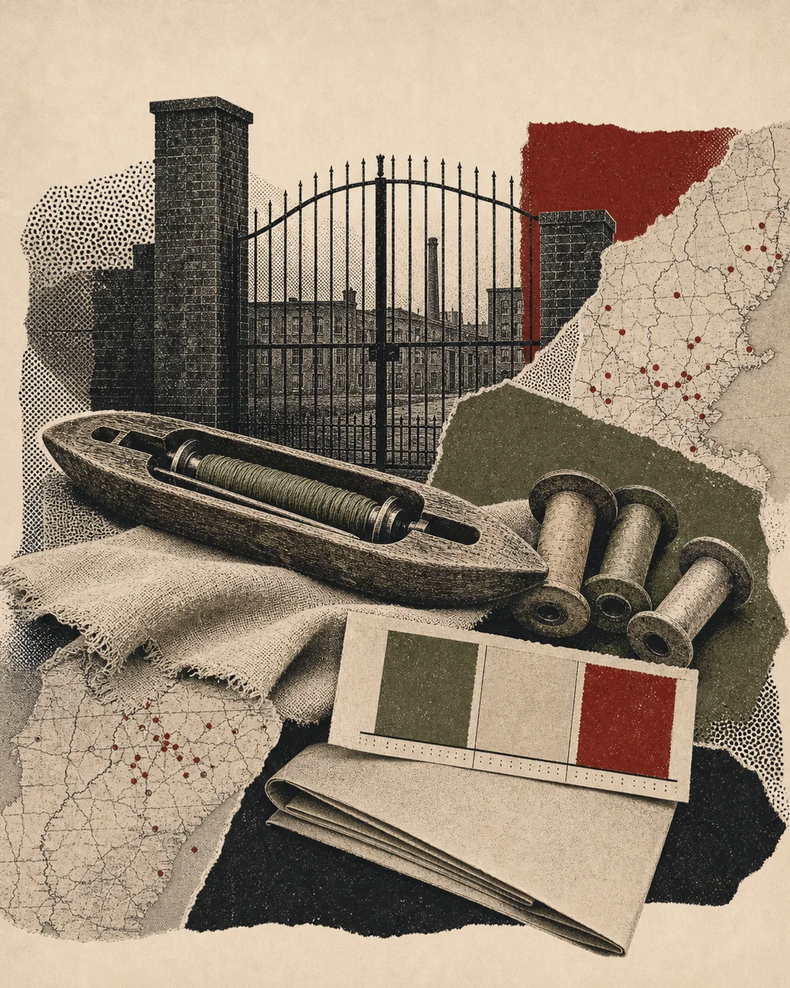 Screenprint collage of a closed mill gate, stopped loom shuttle, strike ballot, calendar, and mill-town maps