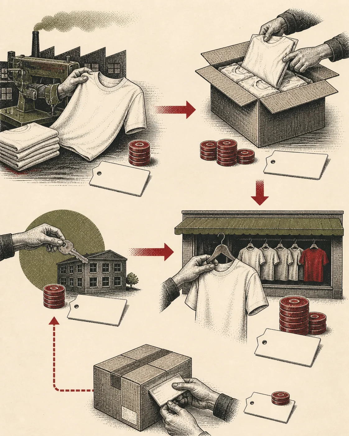Ink illustration tracing coins and cost cards from a factory shirt through wholesale and retail