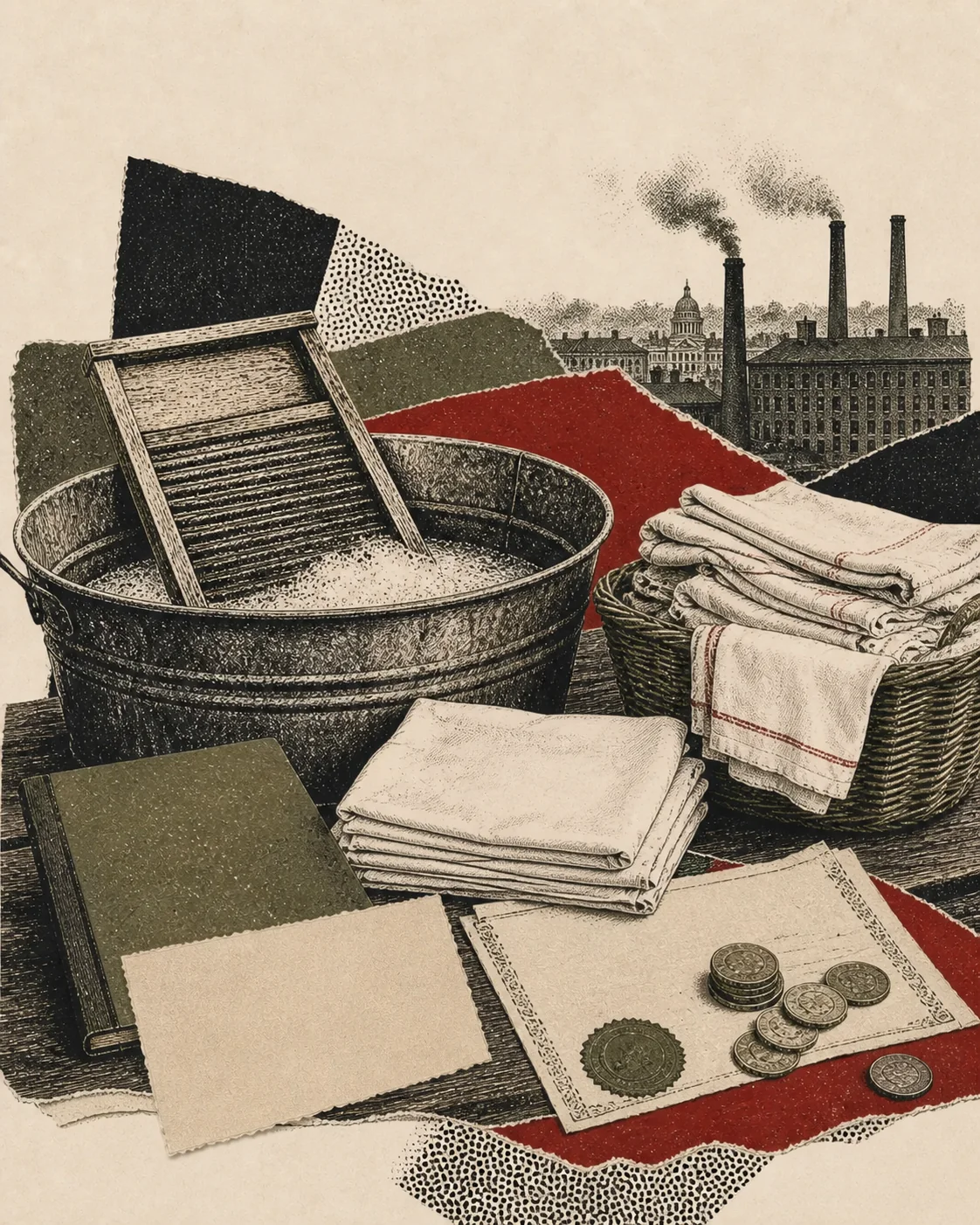 Screenprint collage of an 1881 wash tub, washboard, linens, society ledger, city license, and coins
