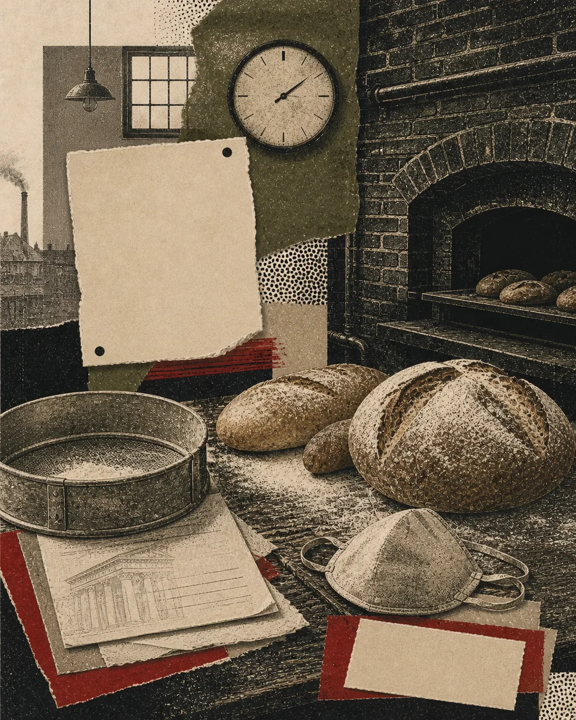 Screenprint collage of a 1905 bakery, bread, flour sieve, oven, clock, work-hours law, and court papers