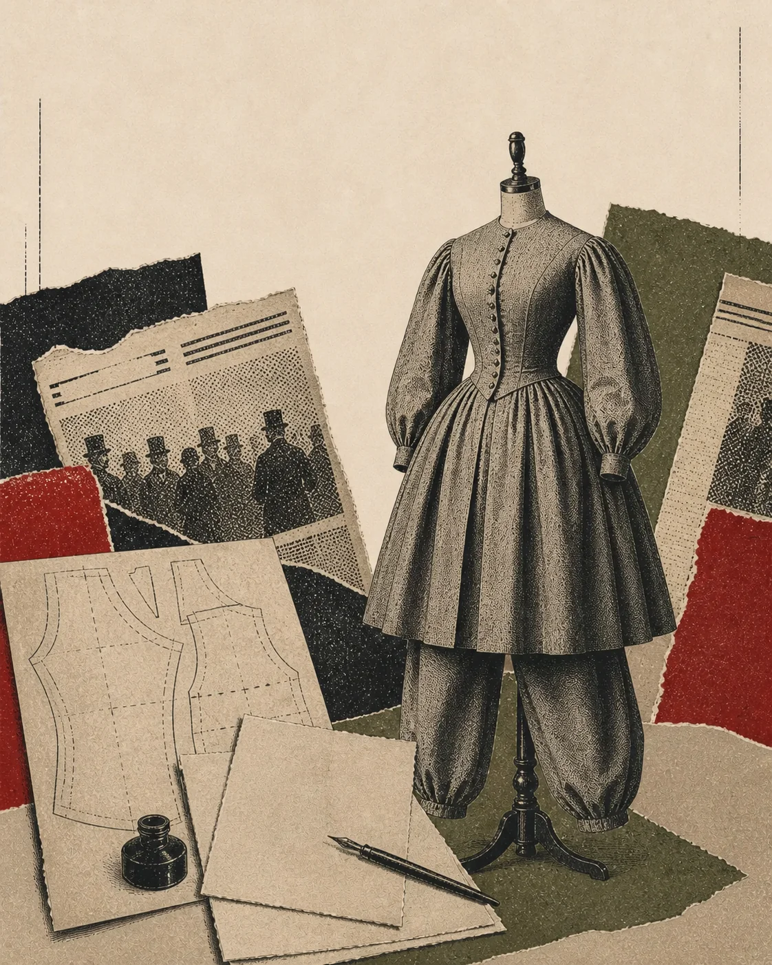Screenprint collage of an 1851 reform dress, sewing pattern, newspapers, ink pen, and torn clippings