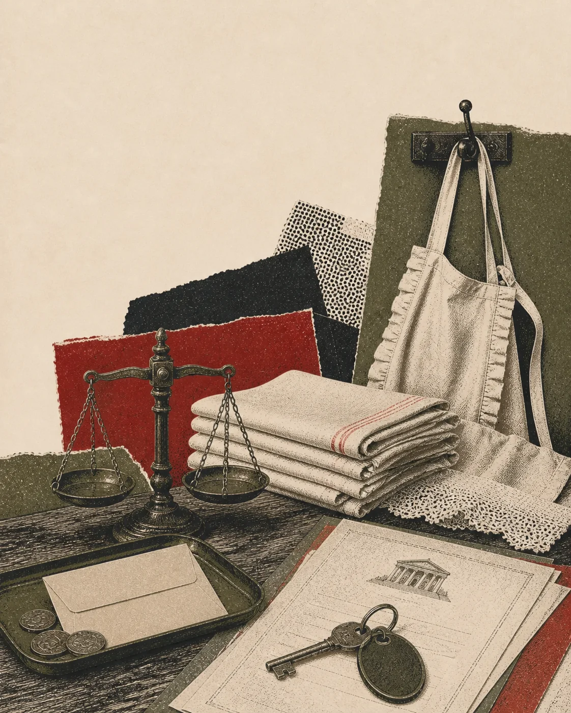 Screenprint collage of a hotel apron, room key, folded linens, pay envelope, coins, and courthouse papers