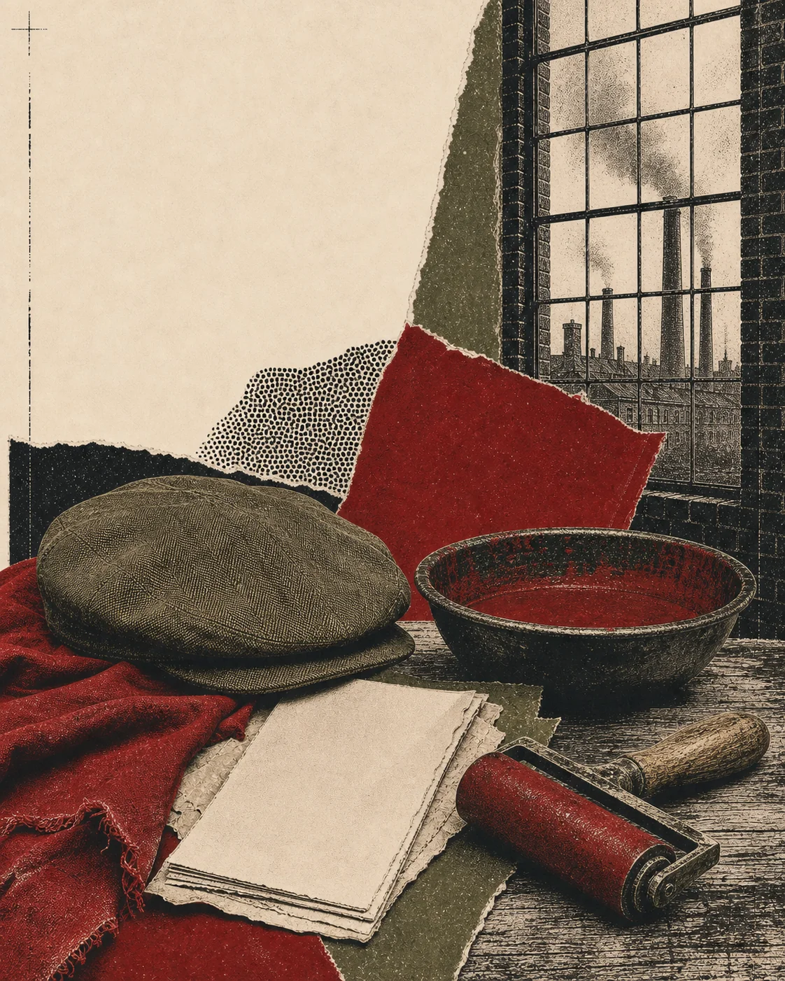 Screenprint collage of red cloth, a worker's cap, dye bowl, print brayer, and factory papers