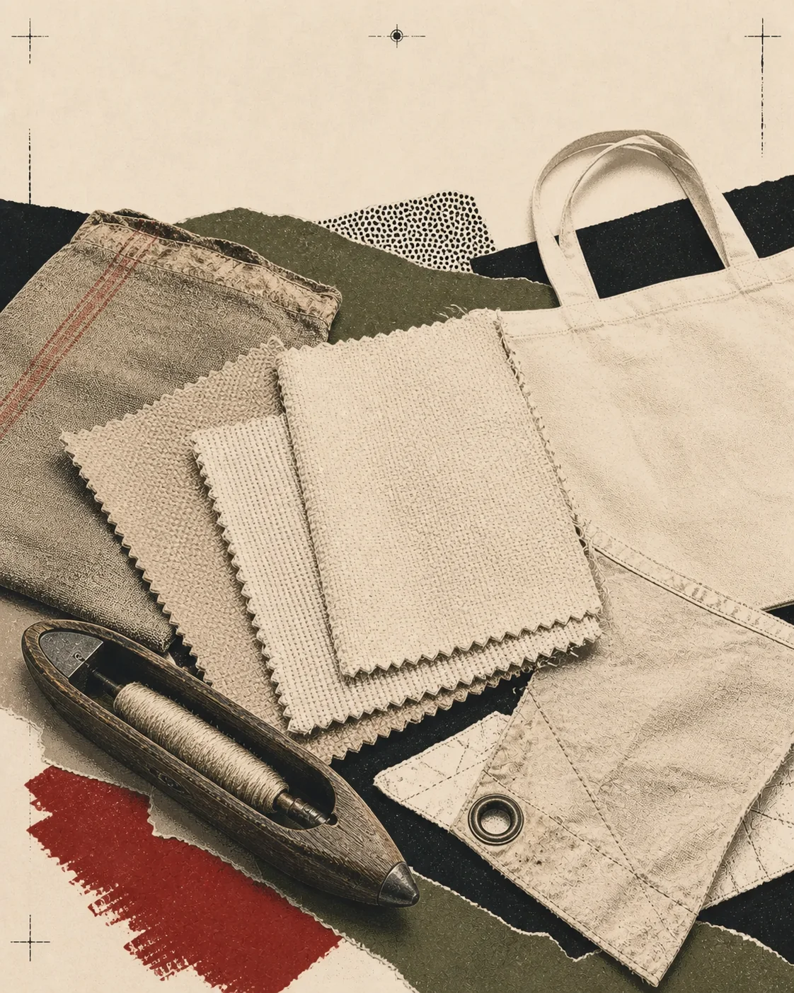 Screenprint collage of cotton duck canvas, a loom shuttle, utility sack, sailcloth, and tote bag