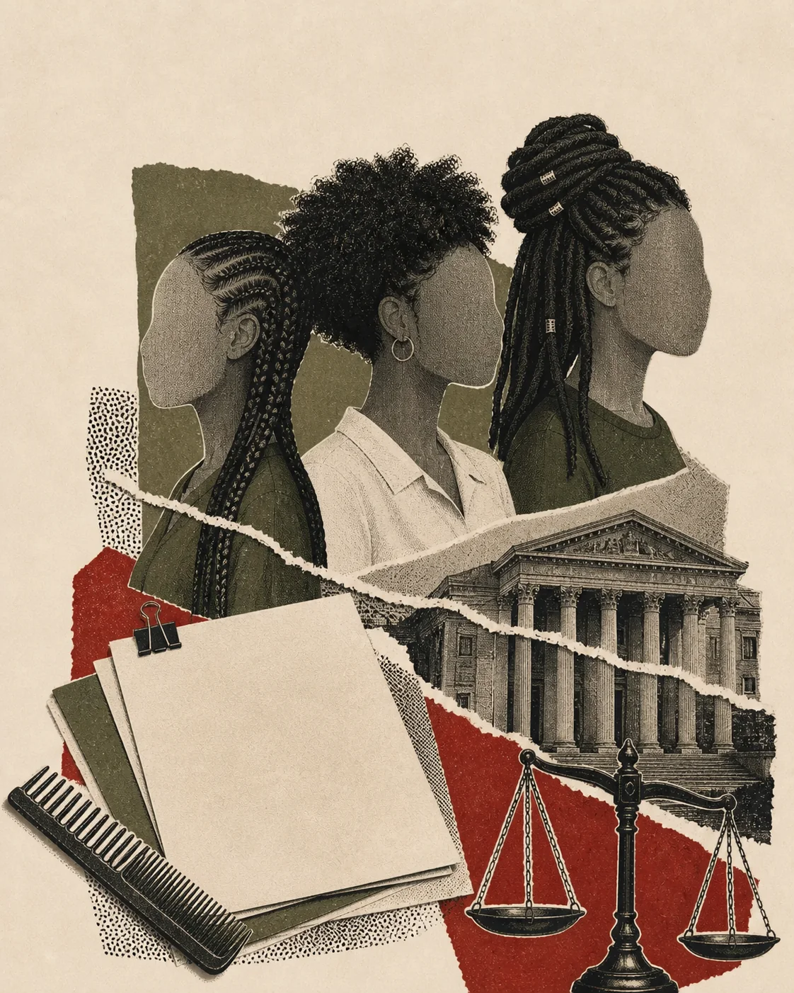 Screenprint collage of faceless profiles with natural hairstyles beside workplace policy and courthouse papers