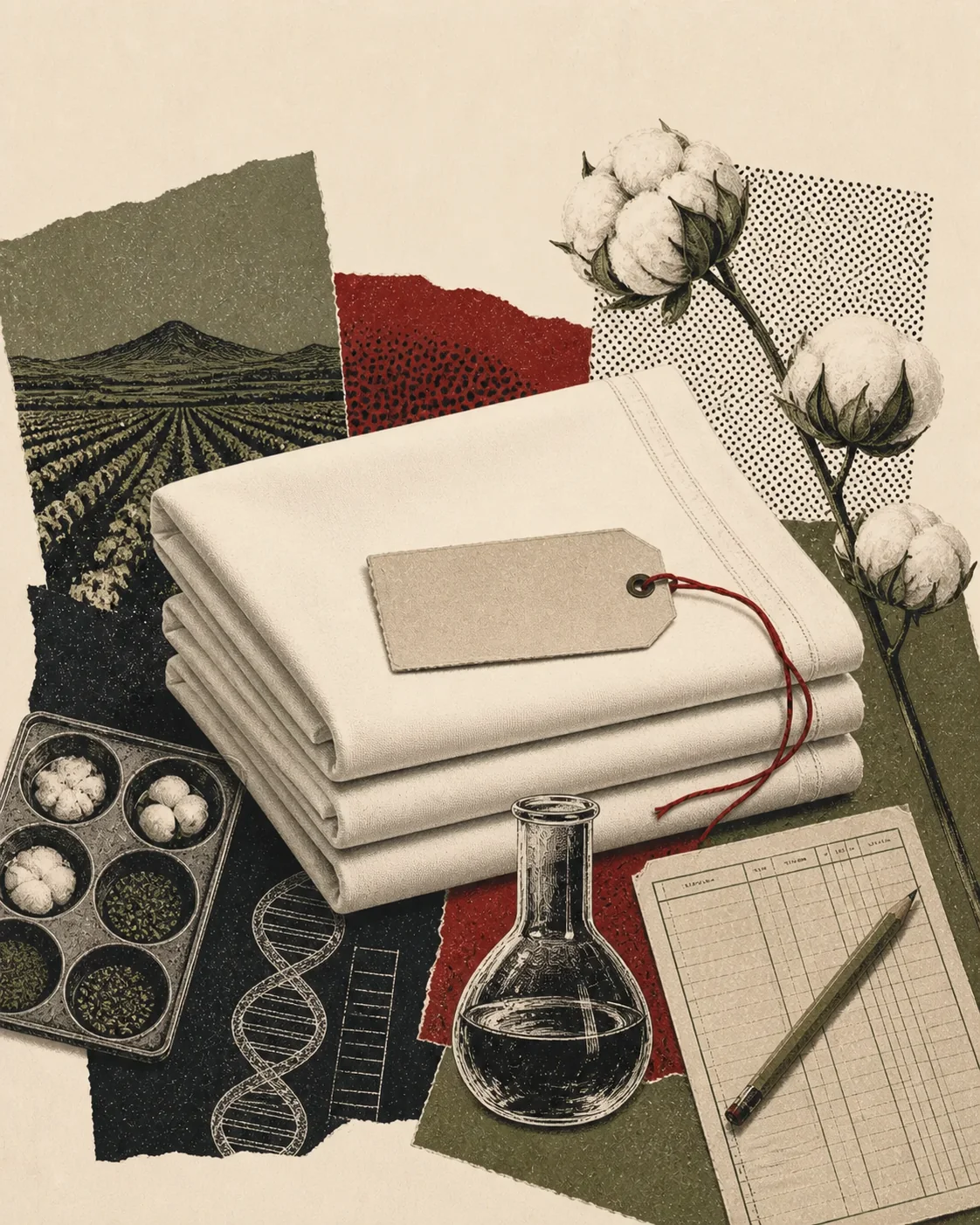 Screenprint collage of cotton sheets, two cotton samples, laboratory tray, DNA diagram, and shipment ledger