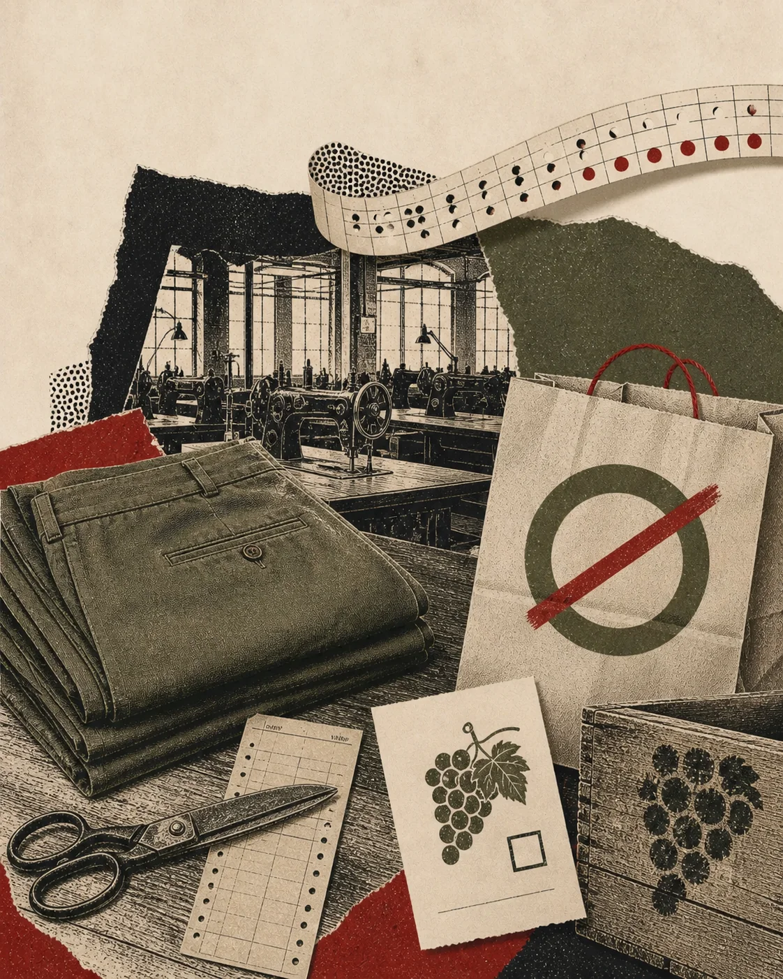 Screenprint collage of factory trousers, shears, timecard, union ballot, boycott bag, and calendar ribbon