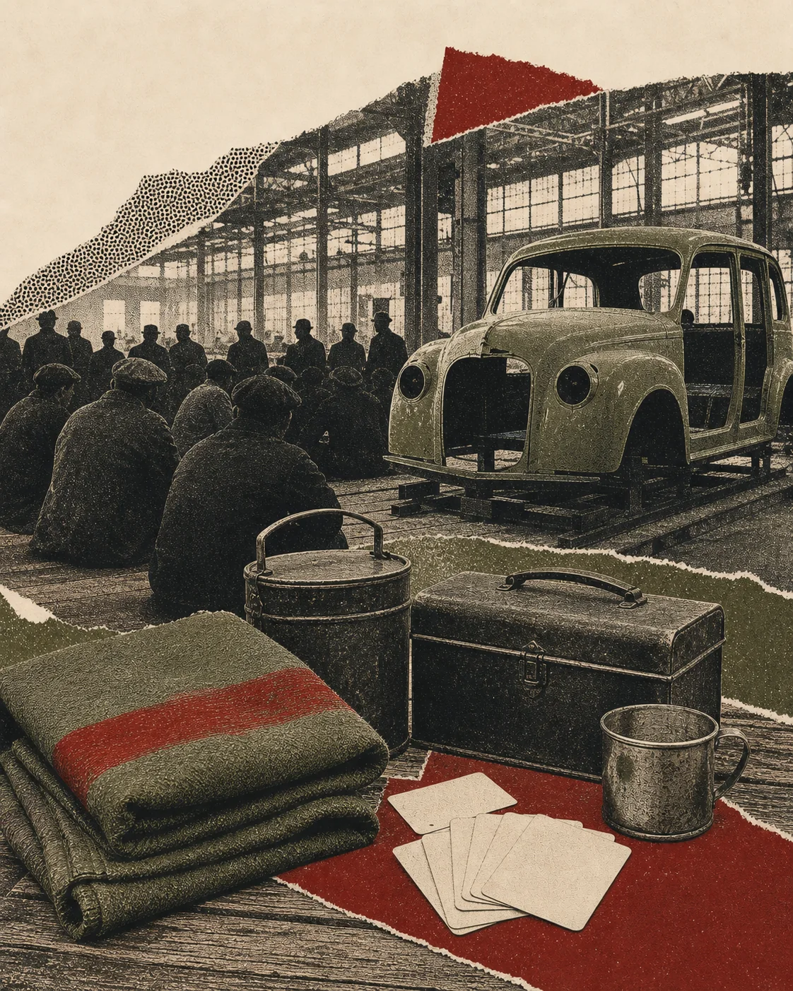 Screenprint collage of an unfinished car body, lunch pails, blankets, and workers inside a factory