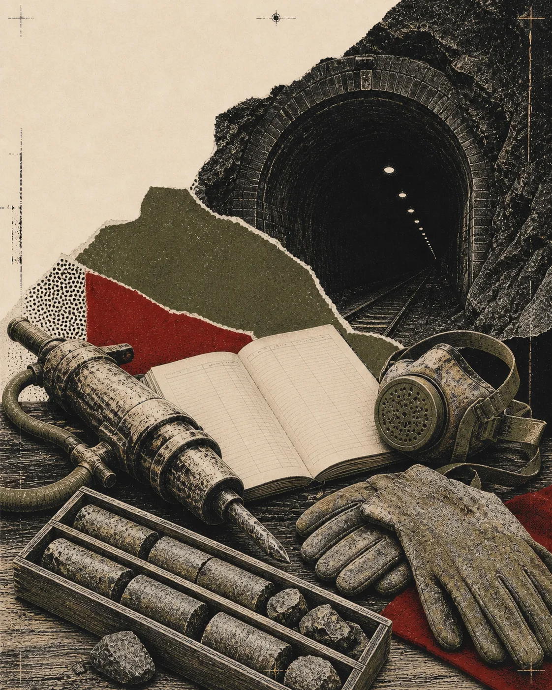Screenprint collage of a tunnel drill, rock samples, respirator, gloves, and medical ledger